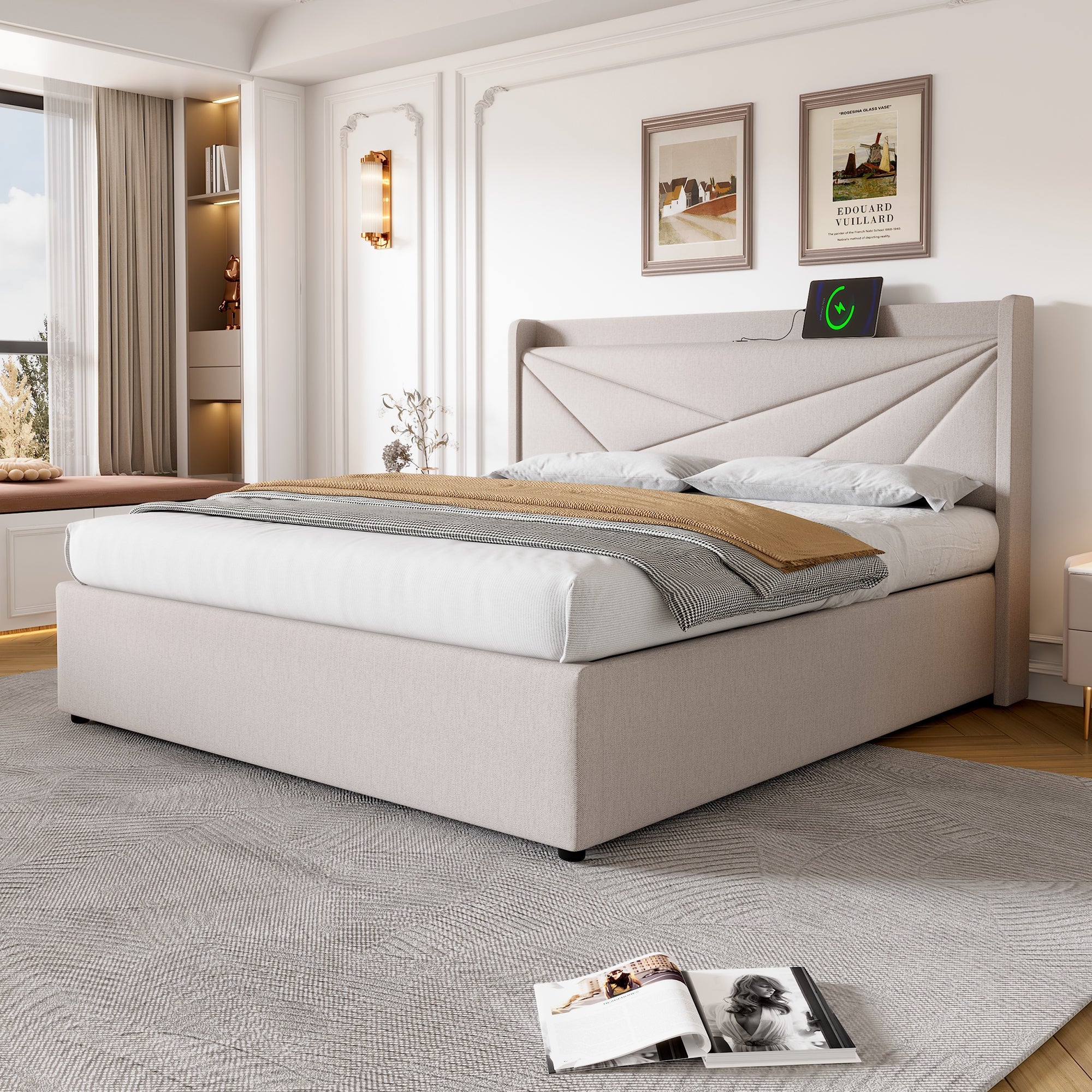 Upholstered Double Bed with Storage and USB Charging, 180x200cm, Grey Linen