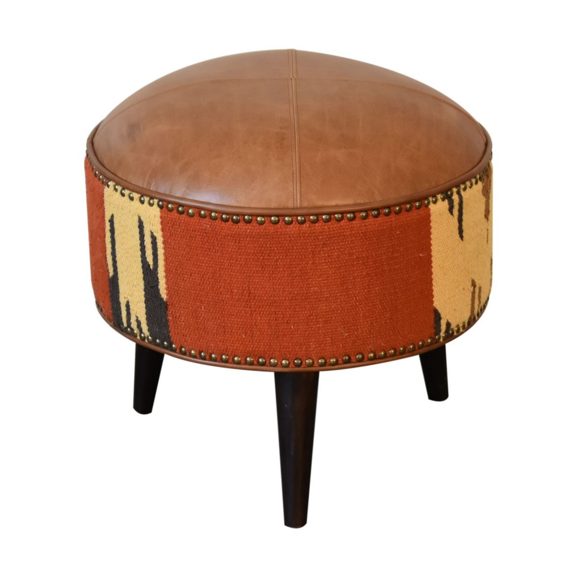 Solid Wood Footstool, Bohemian Durrie and Leather, Multicolor