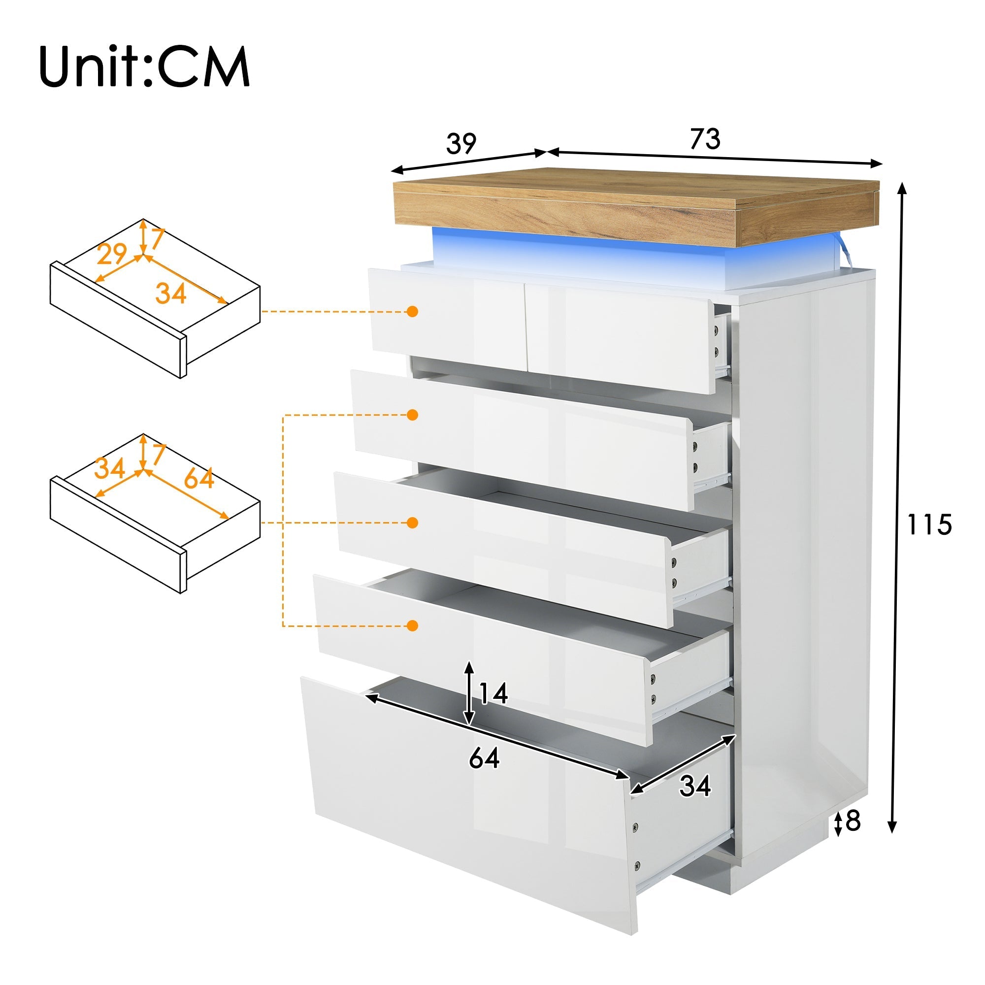 Chest of Drawers, 6-Drawer LED High-Gloss Sideboard, White
