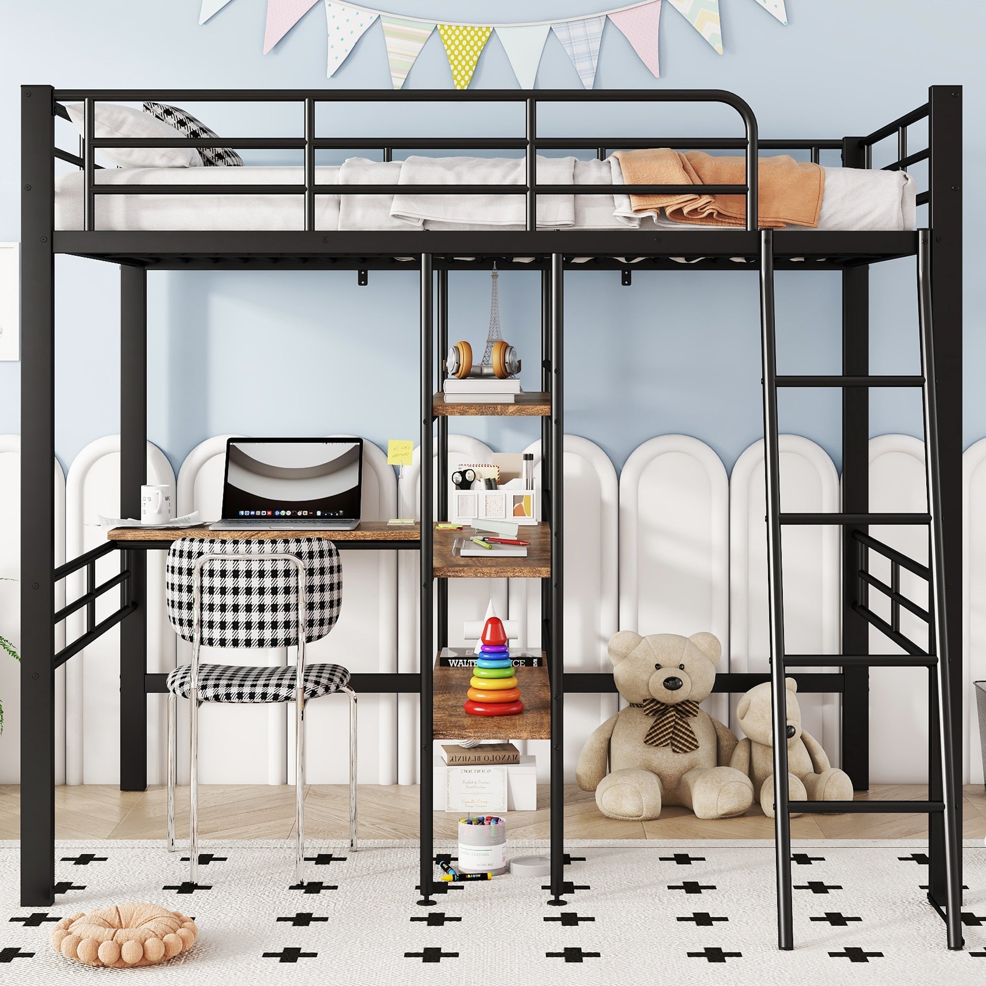 Loft Bed 90x200cm Iron Frame with Desk Multiple Shelves Black