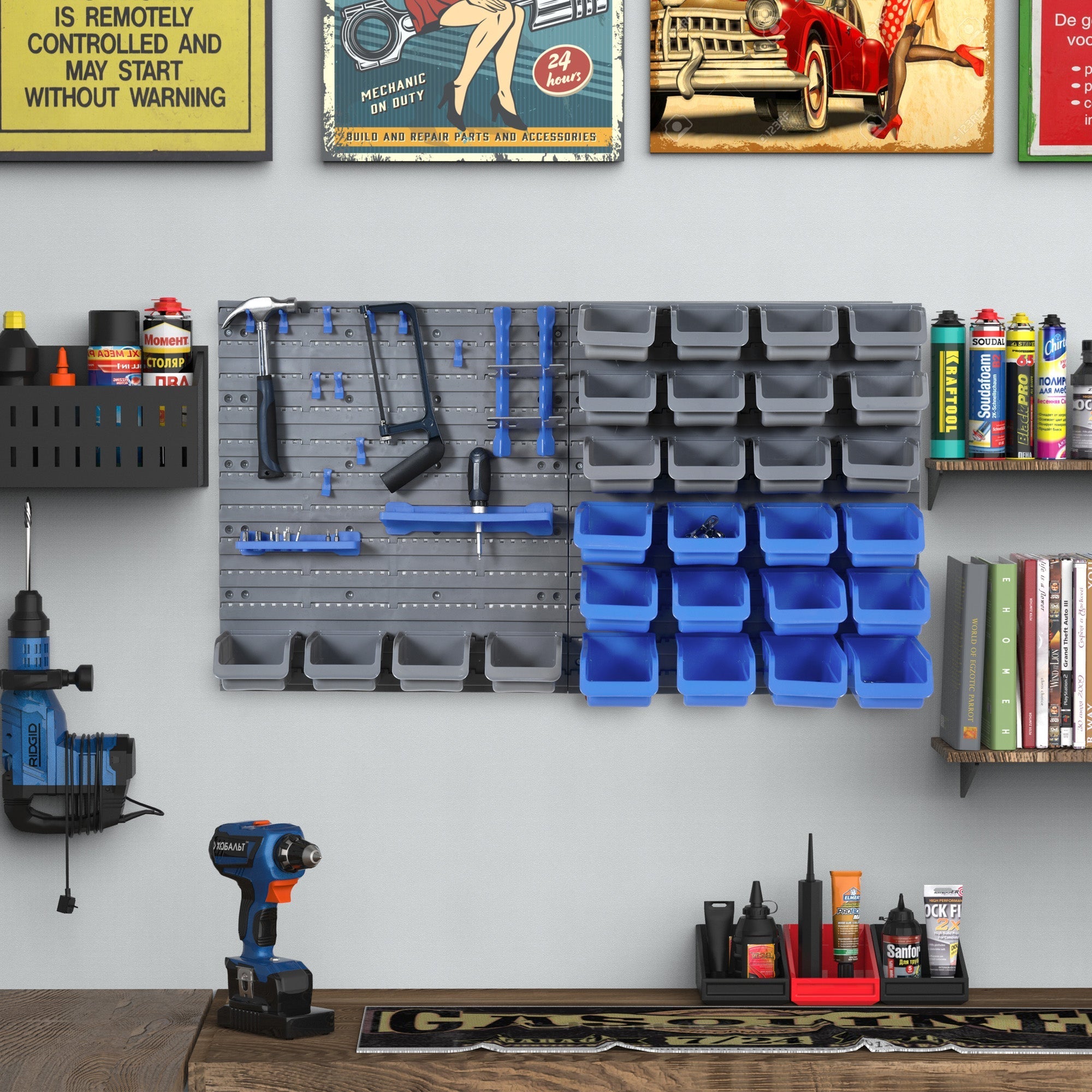 Tool Pegboard, Holder for Workshop, Blue+Grey