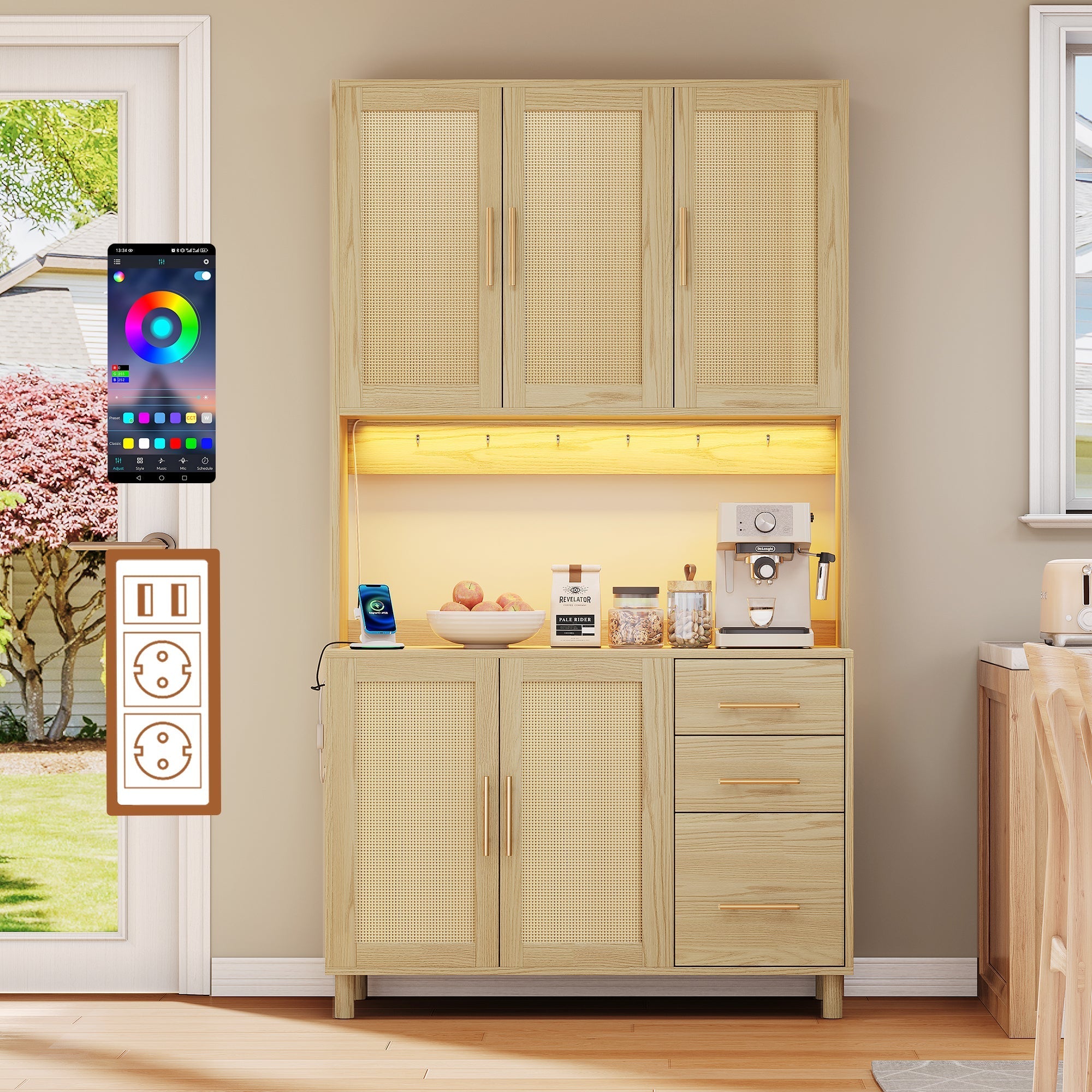 Kitchen Sideboard Buffet 183cm LED Charging Station 3 Drawers Gold Handles