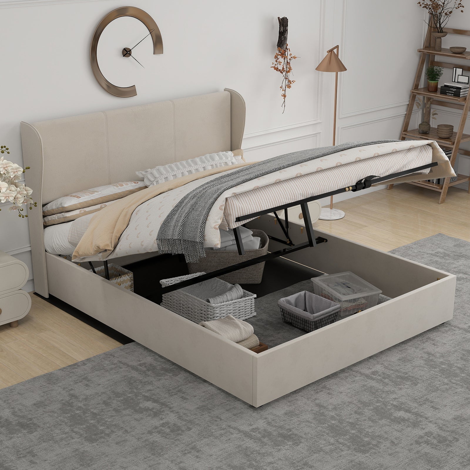 Upholstered Bed 160x200cm Gas Lift Storage Soft Headboard - Beige