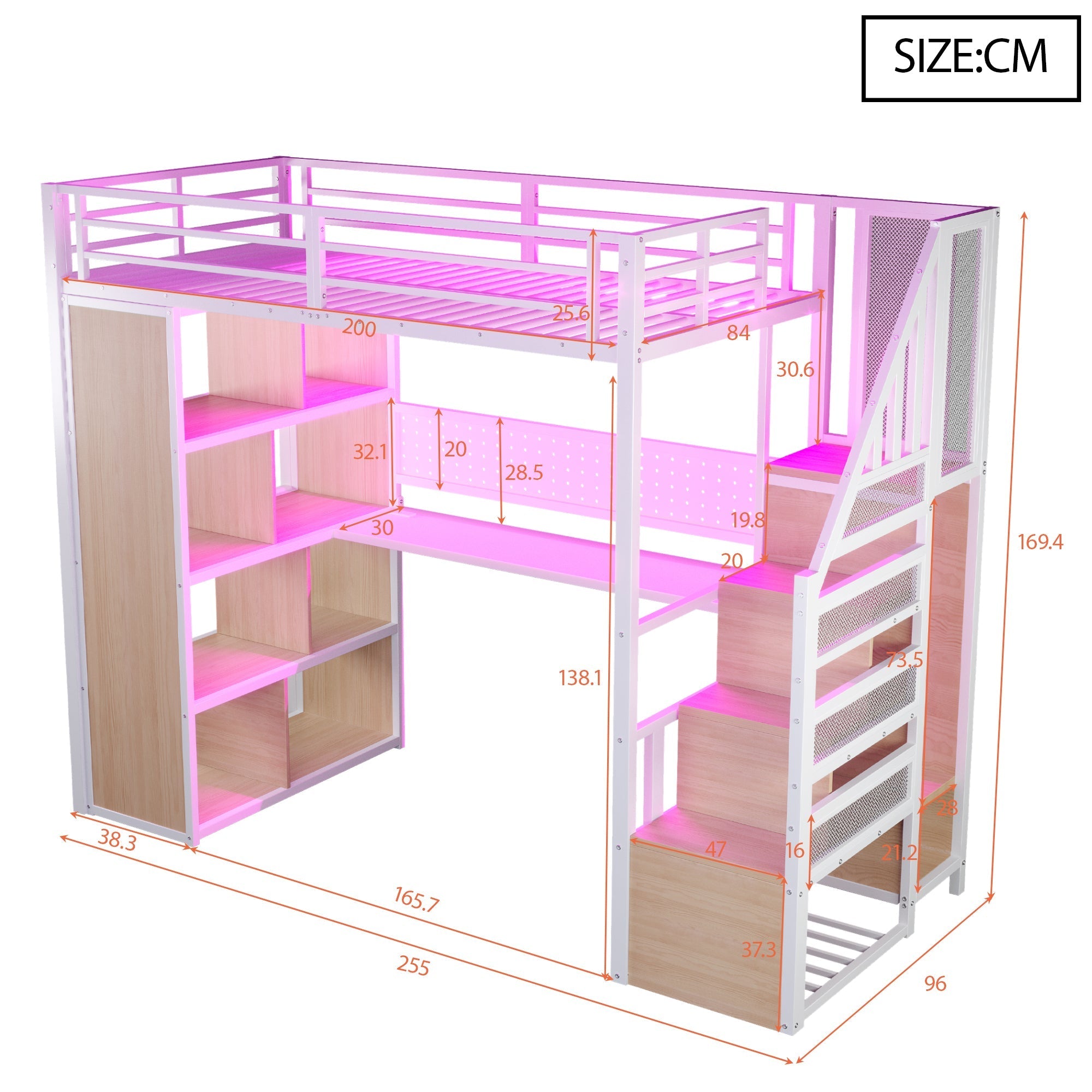 Metal Loft Bed with Desk, Wardrobe and LED Lighting, 90 x 200 cm, White