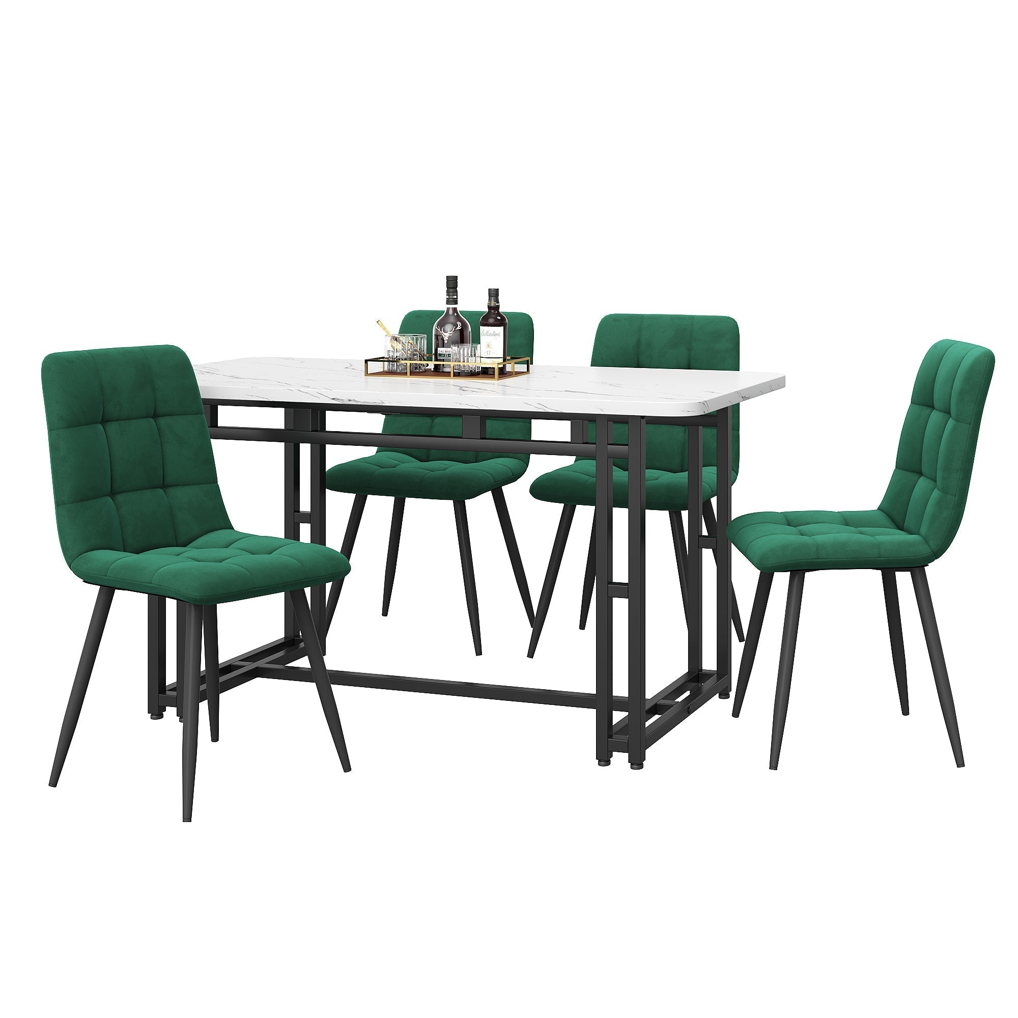 5-Piece Dining Set Modern Kitchen Table 120x70cm Black Iron, Dark Green Velvet