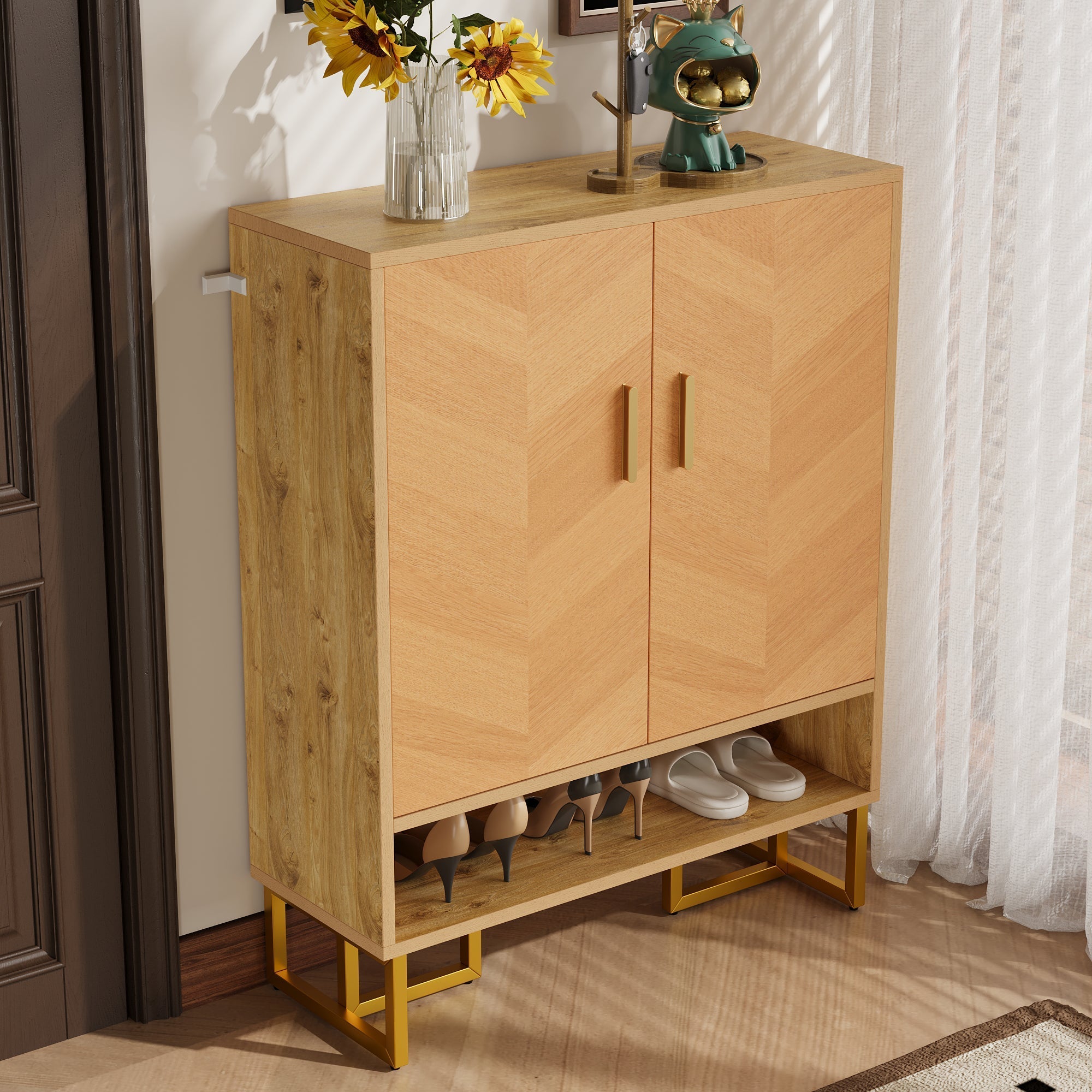 Narrow Shoe Cabinet Modern Minimalist 2-Door Storage - Wood Grain/Golden Frame