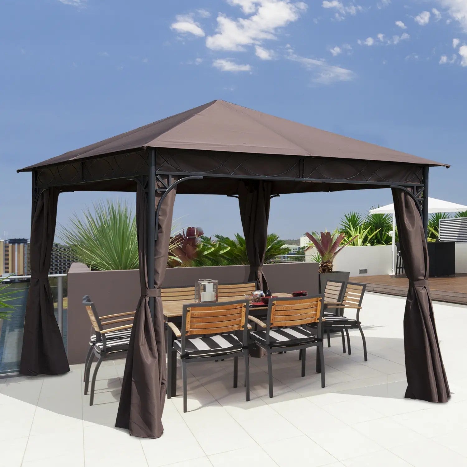 Gartengazebo 3x3m, Outdoor-Pavillon mit Vorhängen, Stahlrahmen, Kaffee