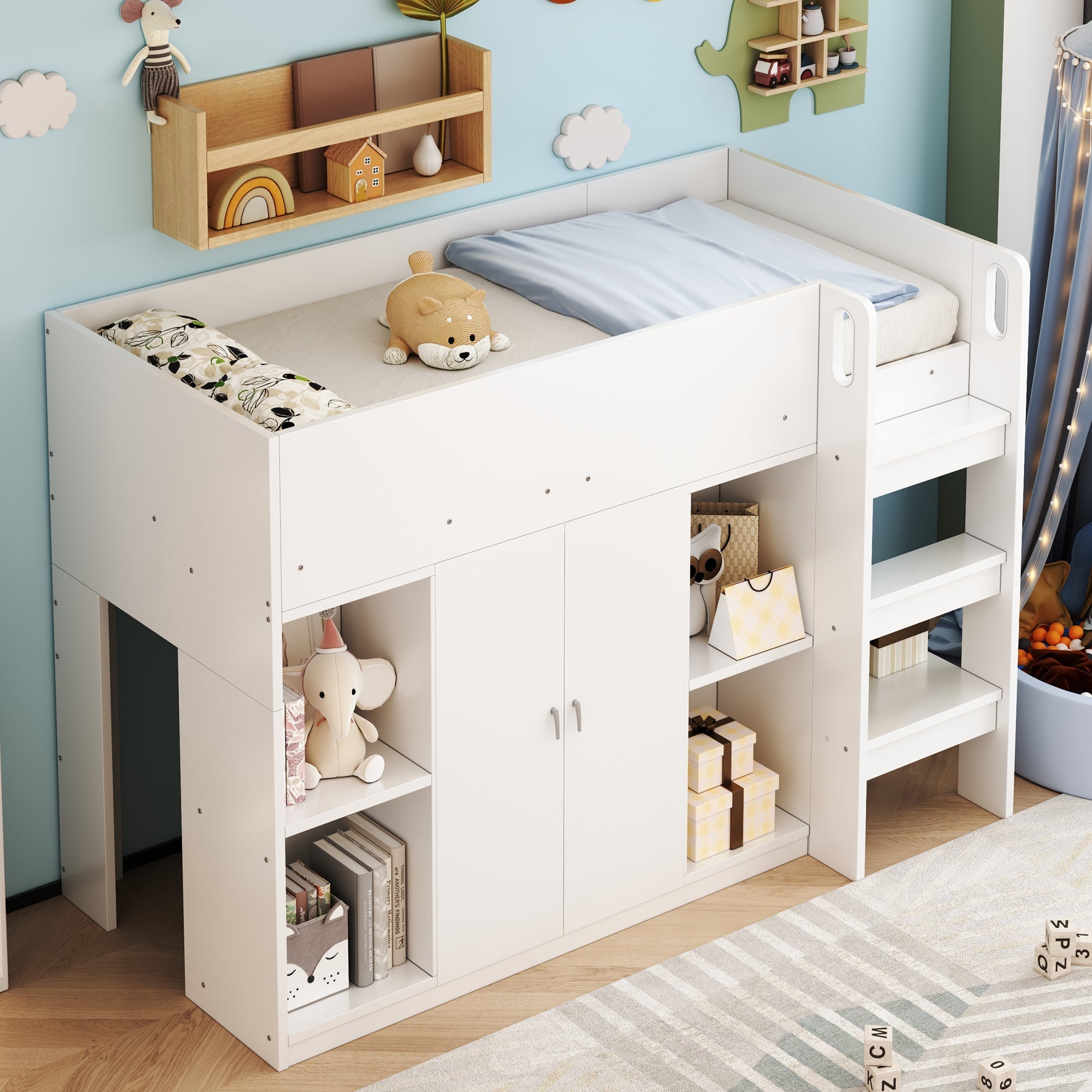 Loft Bed 90*200, Storage, Wardrobe, Shelves, Ladder, White