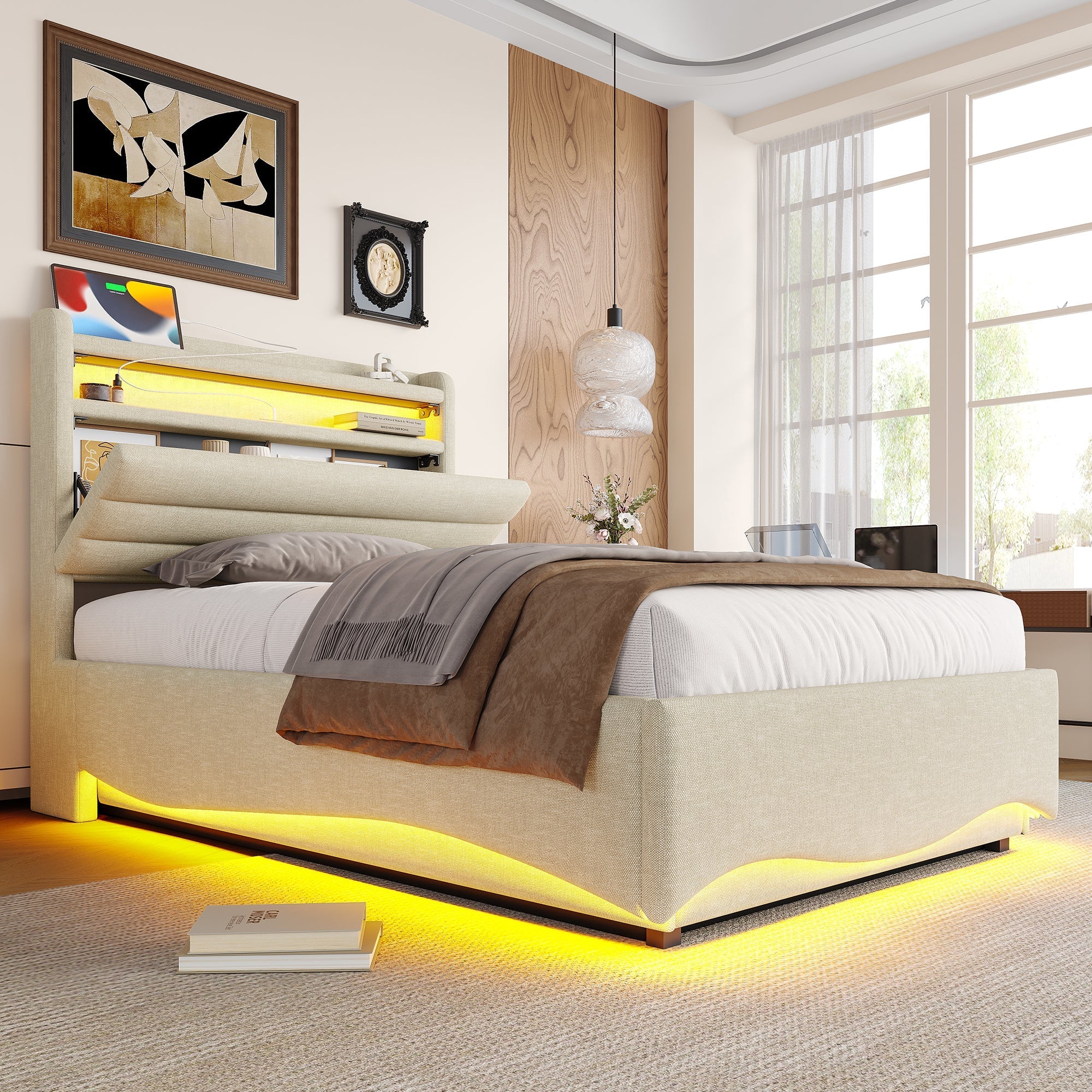Upholstered Bed with LED Lighting, Hydraulic Storage, and USB Ports, Beige Linen Fabric