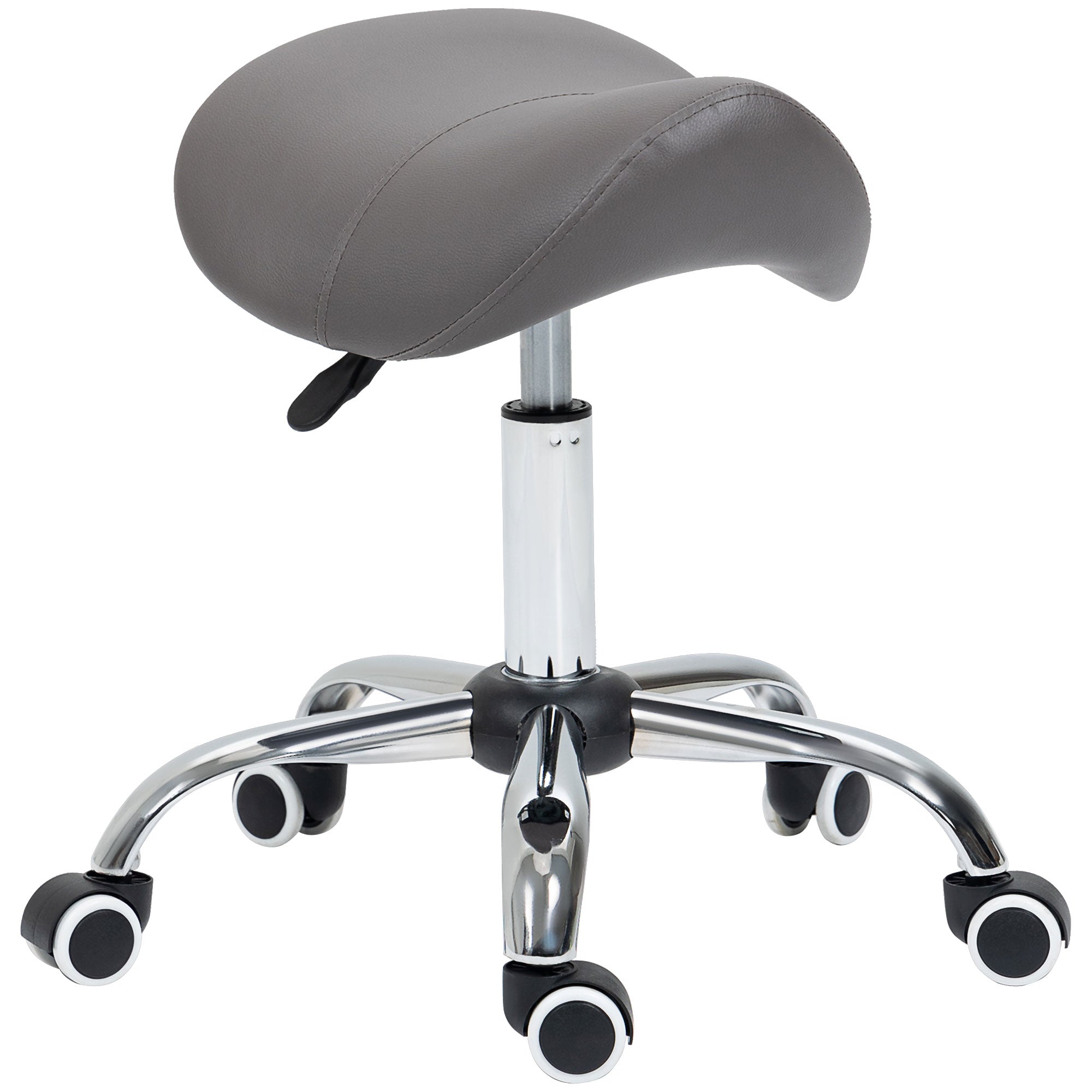 Cosmetic Saddle Stool, 360° Rotate Height Adjustable Rolling, Faux Leather Grey