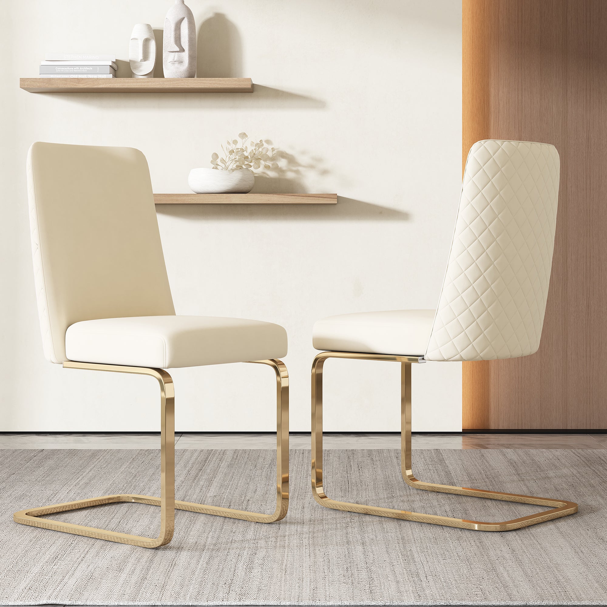 Velvet Dining Chair Set of 6, Diamond Back Design with Gold Metal Legs, Beige