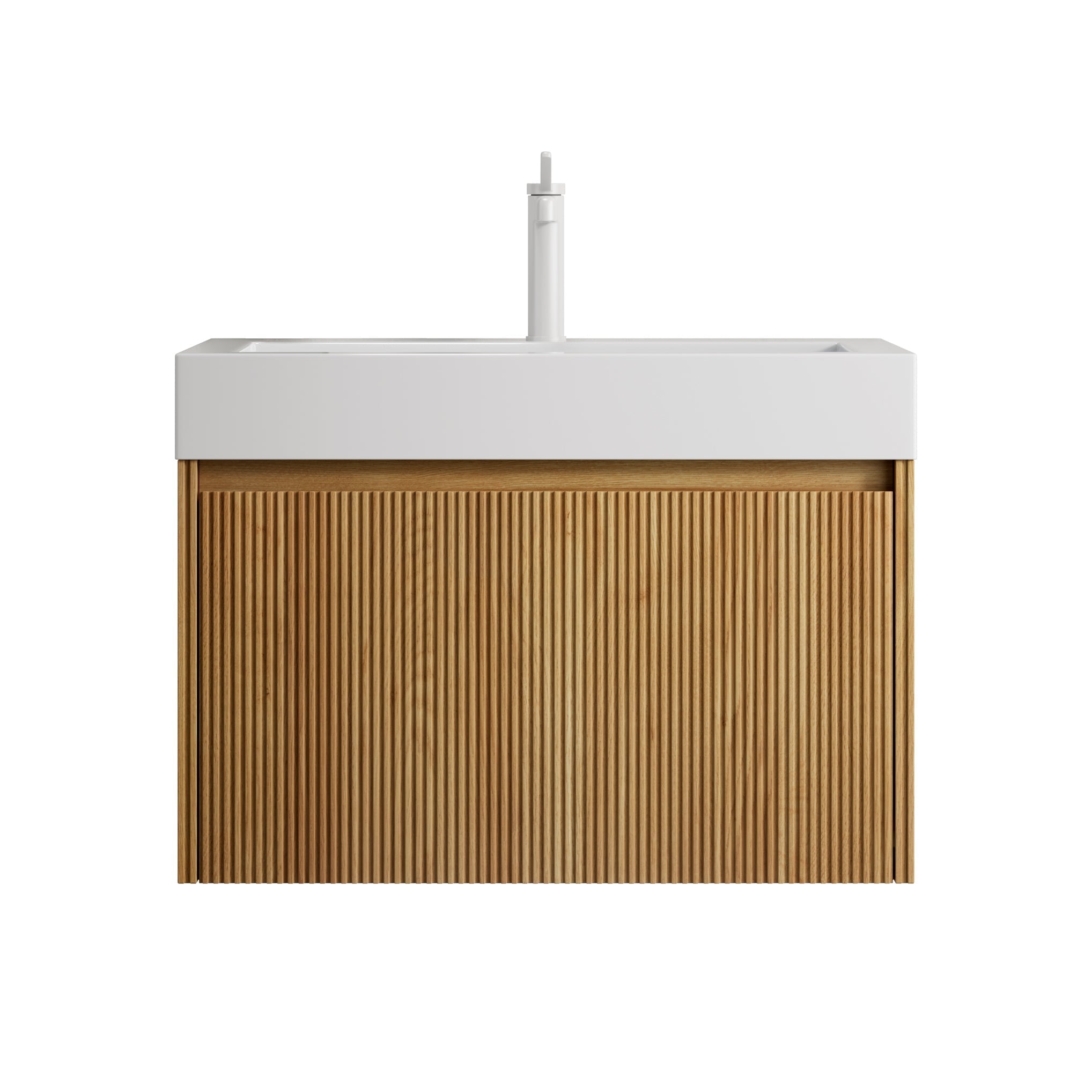 Wall-Mounted Bathroom Vanity Unit with Integrated Basin and Single Drawer, Natural Wood Grain Plywood