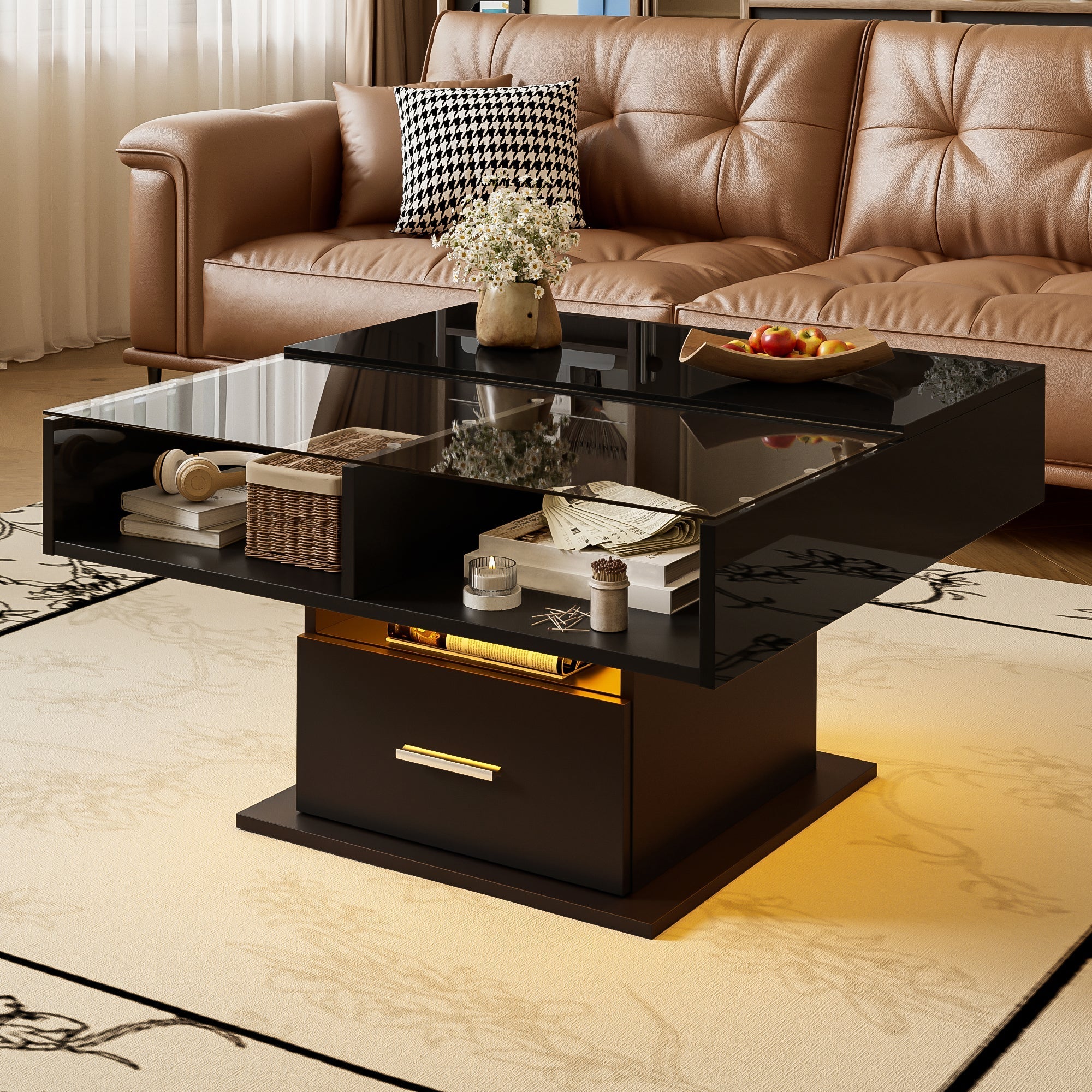 Multifunctional Coffee Table with LED Lighting, Adjustable Height, High-Gloss