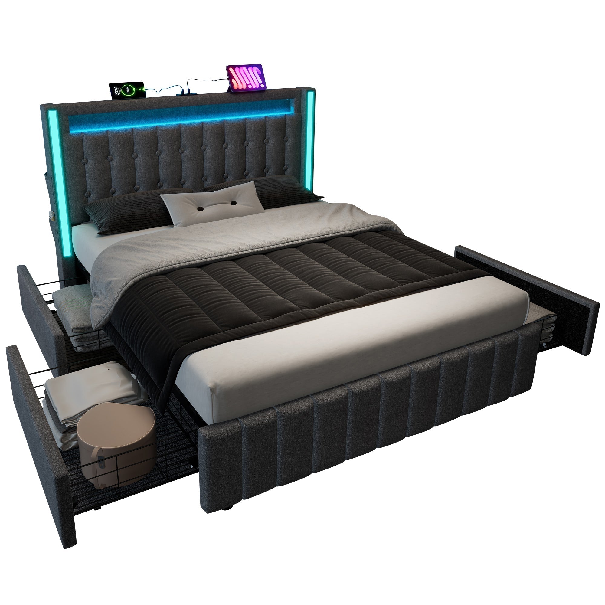 Upholstered Bed with USB Type C, LED & 4 Drawers, 160x200cm, Gray Wood