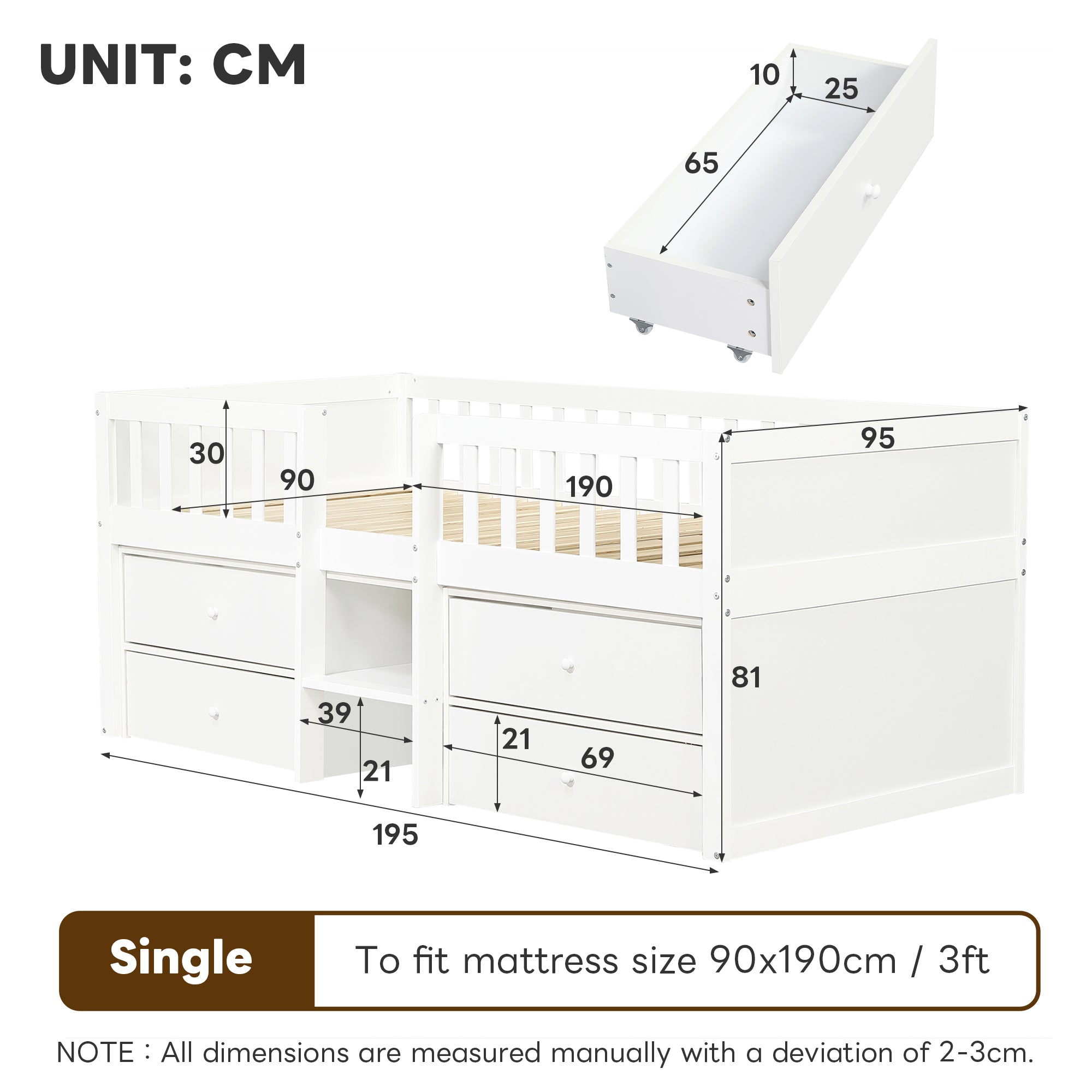 Low Loft Bed with Storage, 3ft Single Bed with Guardrail, Solid Wood, White