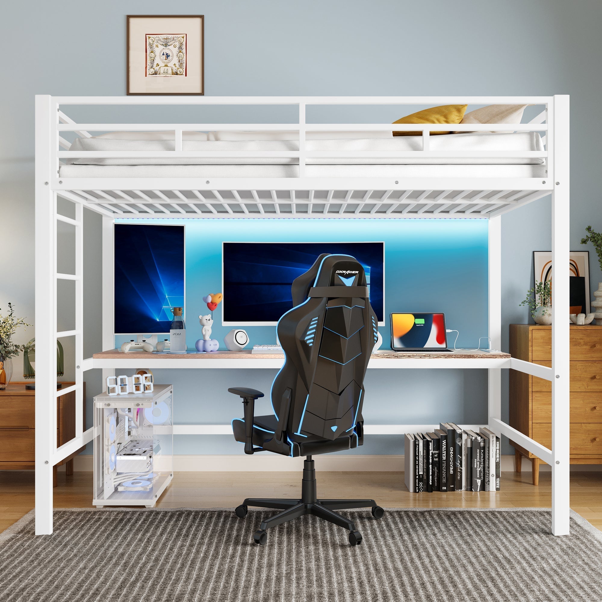 Loft Bed with Desk, USB Ports and LED Light Strip, White Metal