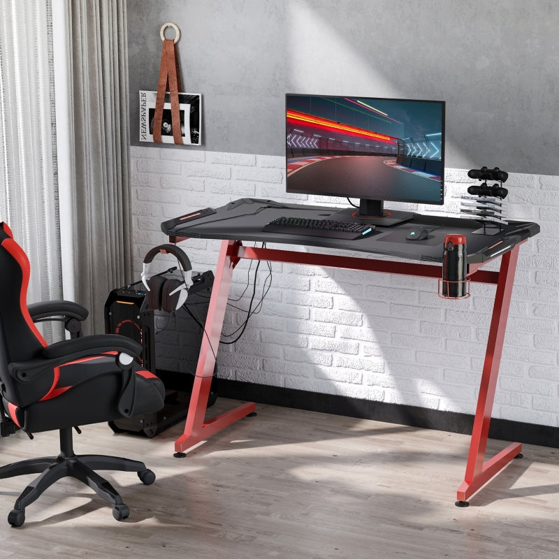 Gaming Desk with Headphone Hook, Cup Holder, Gamepad Rack, Carbon Fibre Black and Red
