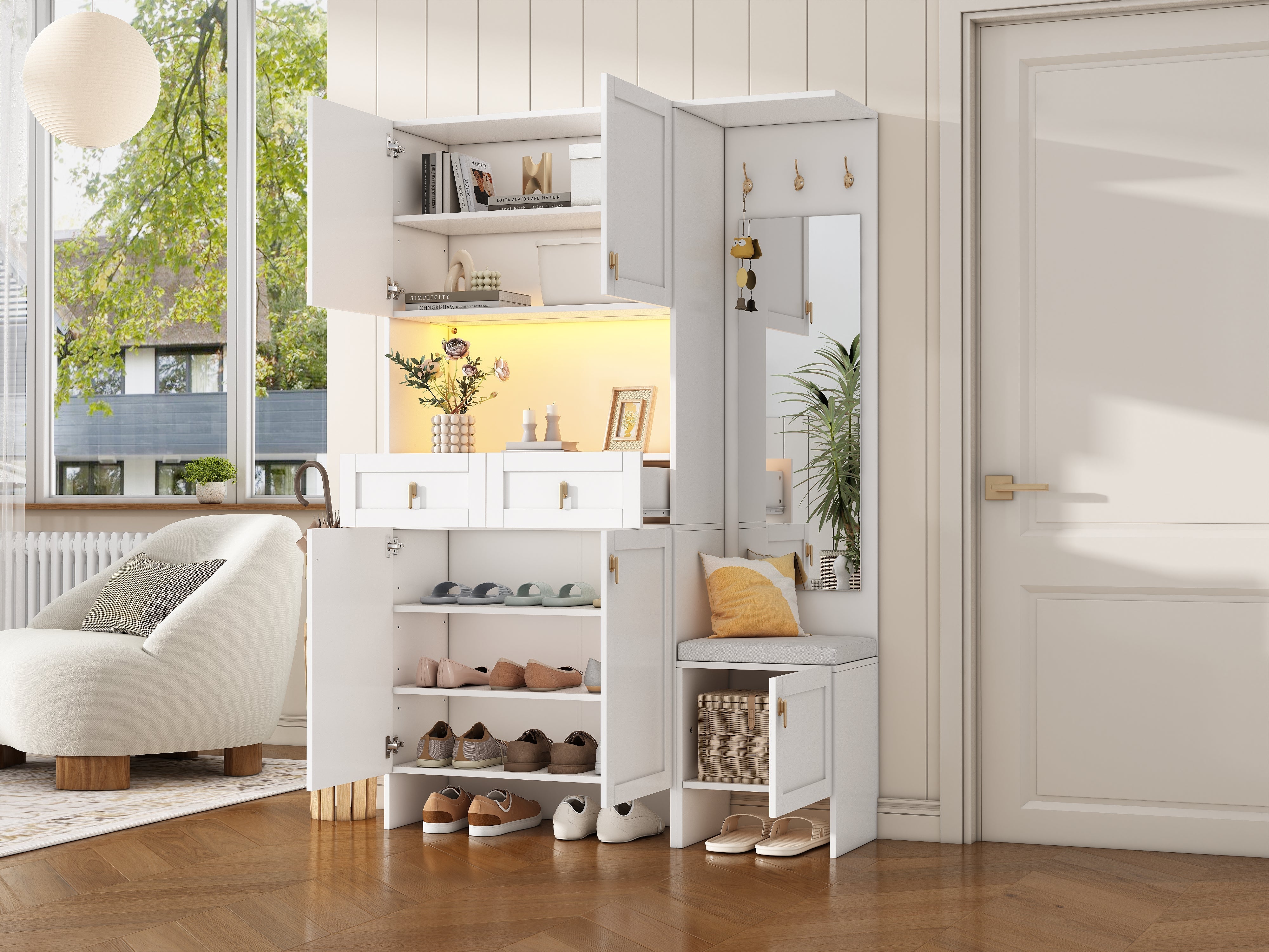 Wardrobe Set Shoe Bench Shoe Cabinet Mirror Storage - White