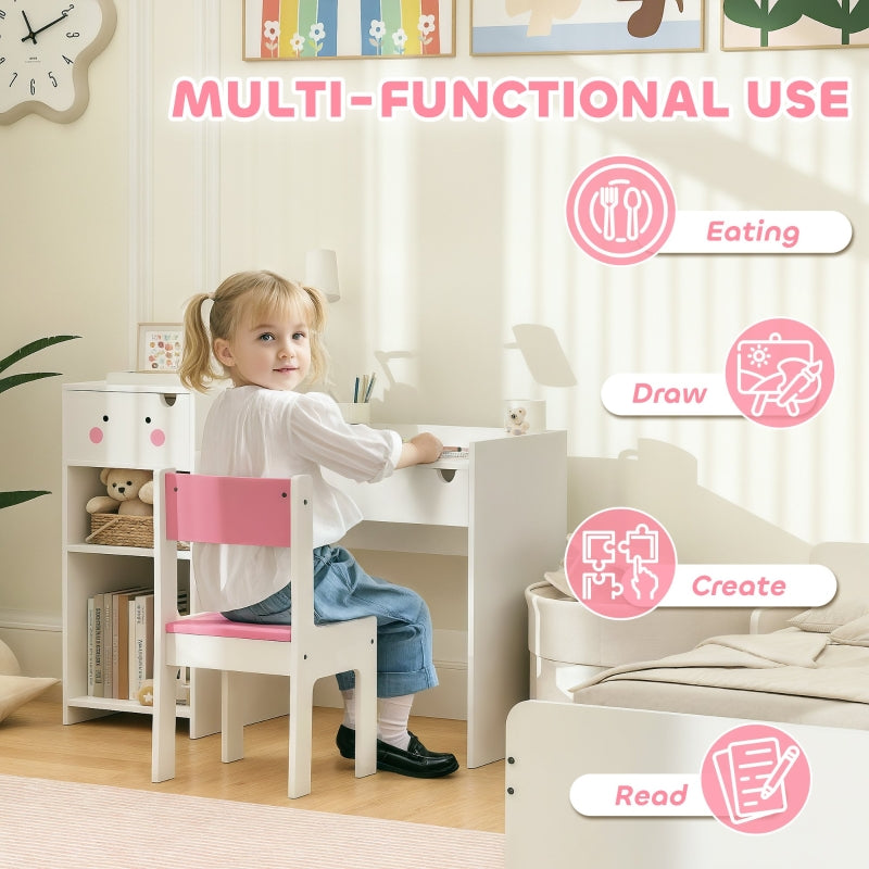 Rabbit-Themed Kids Desk and Chair Set with Bookcase, Drawers, and Shelves, White/Pink