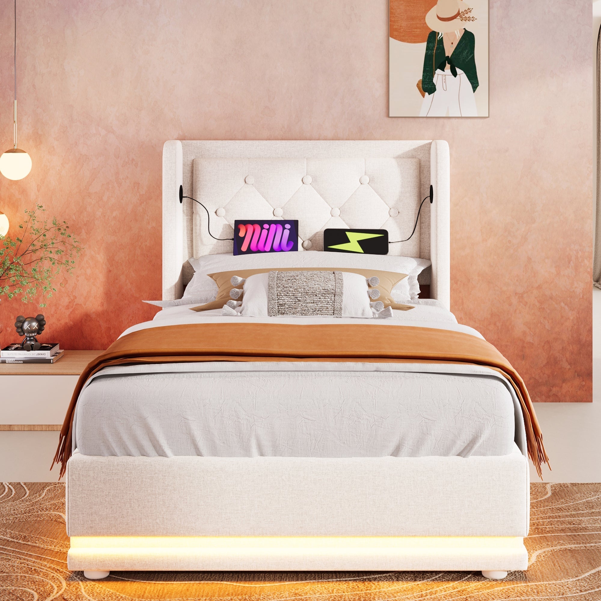 Upholstered Single Bed, 90x200cm Hydraulic Storage with USB & LED, Beige Cotton