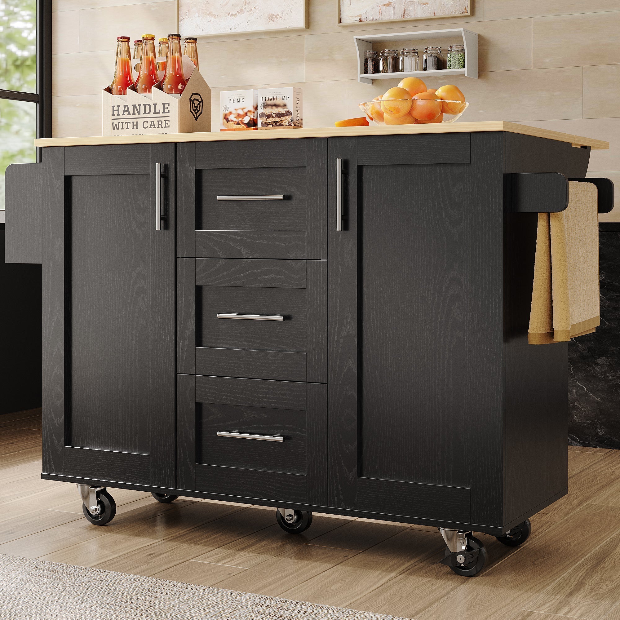 Kitchen Island Workbench Storage Removable Casters - Black