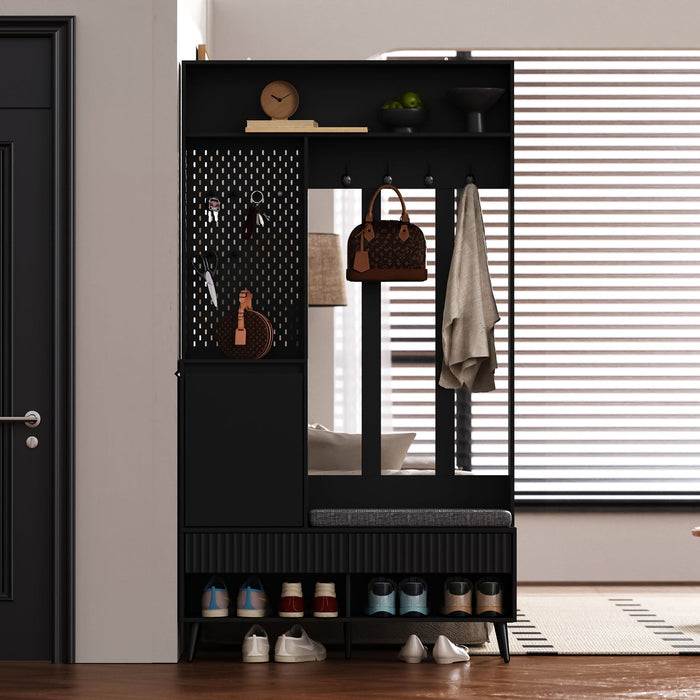 Wardrobe set with shoe bench, 4 coat hooks, two drawers, 1 door, black