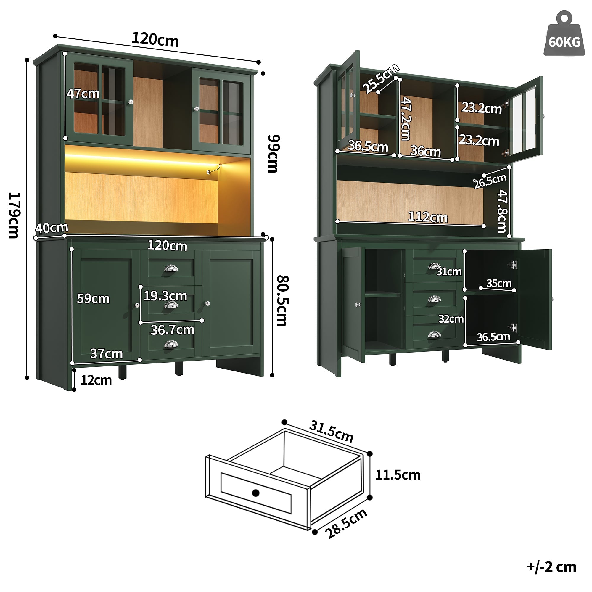 Tall Kitchen Cabinet Sideboard with Brown Glass Doors and LED Lighting, Green