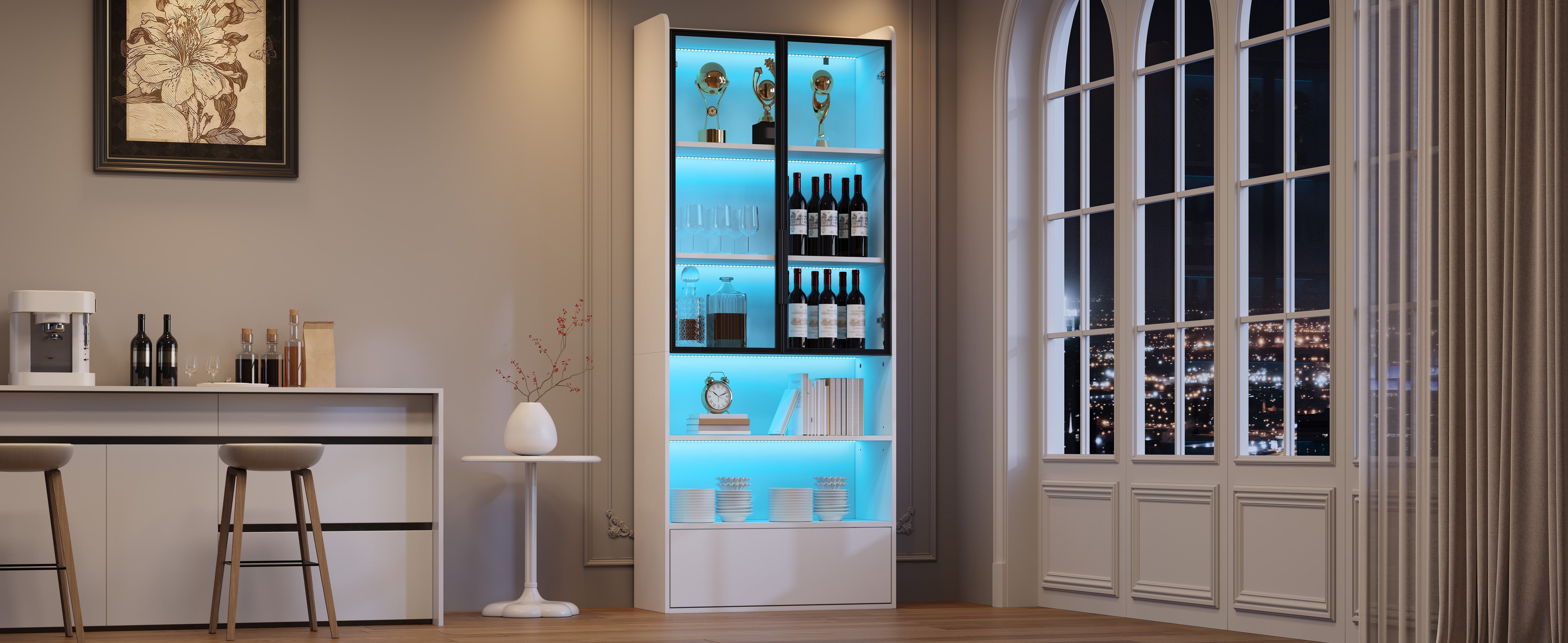 Display Cabinet 80x34x180cm Tall with 1 Drawer Glass Doors LED Lighting White
