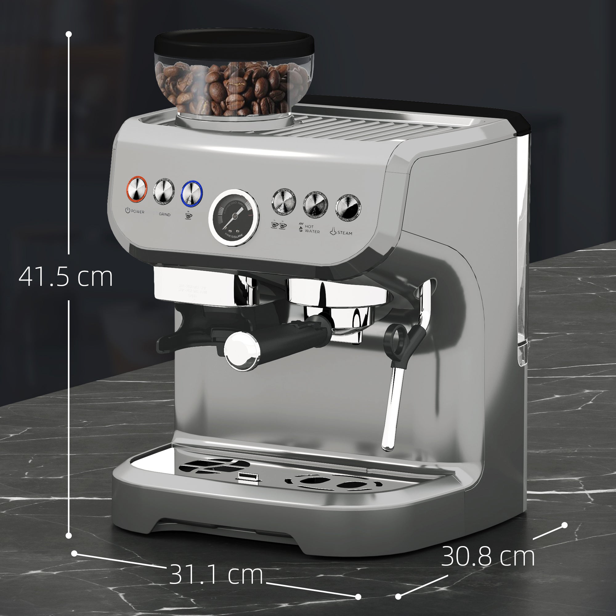 15 Bar Coffee Machine, Adjustable Grind Steamer, Silver