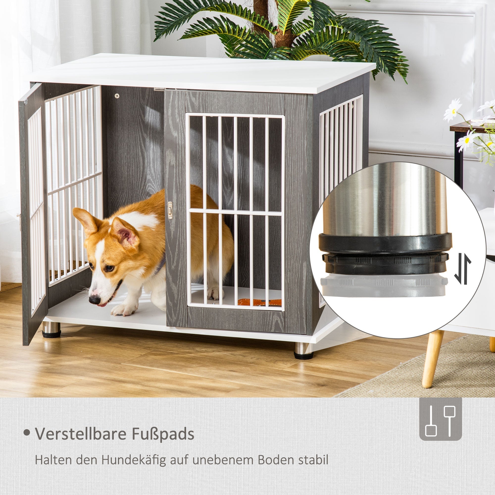 Wooden Dog House, Table Top & Cushion, Grey+White