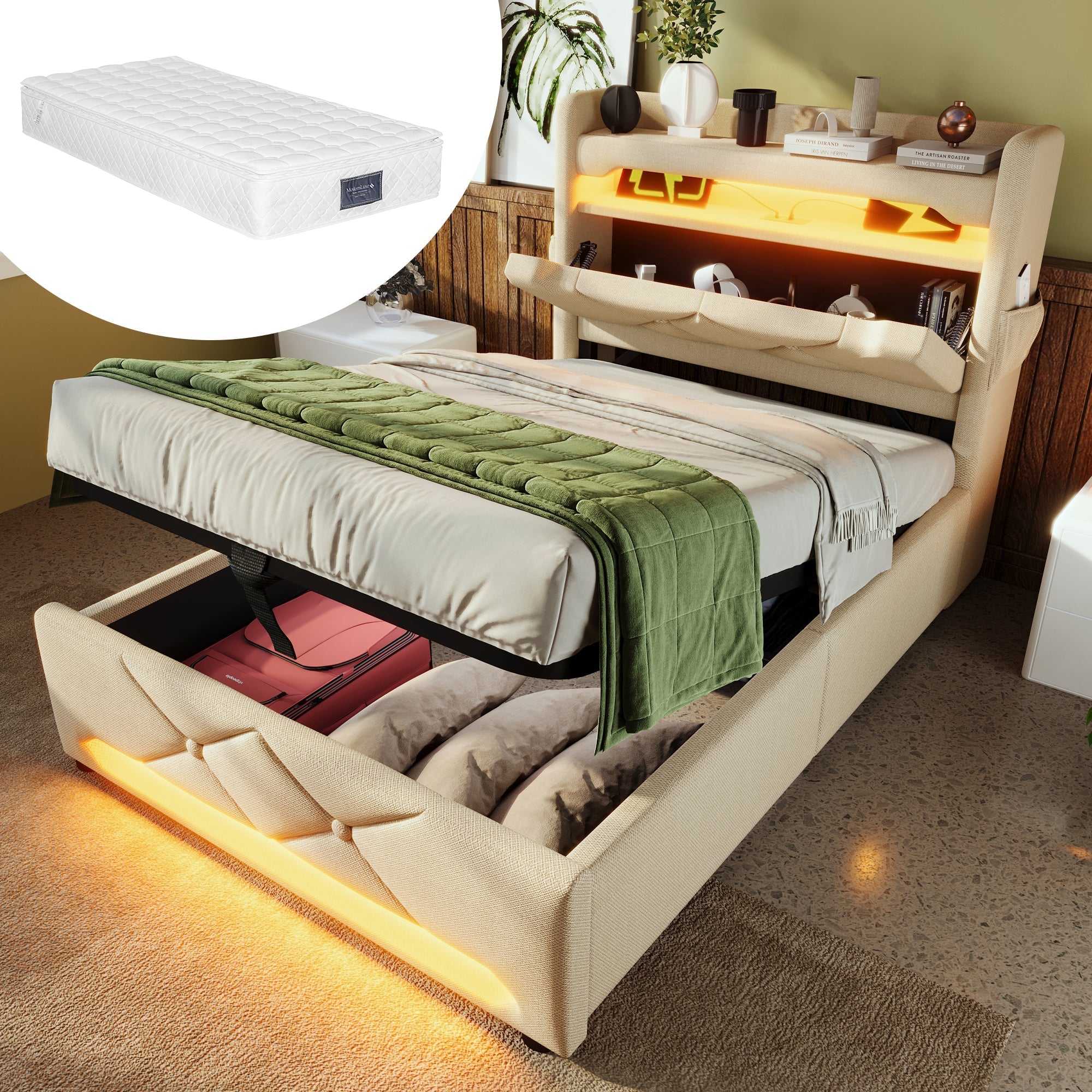 Upholstered Single Bed 90x200 Hydraulic Storage Headboard with USB/Type C & 360° LED Lighting, Beige Linen
