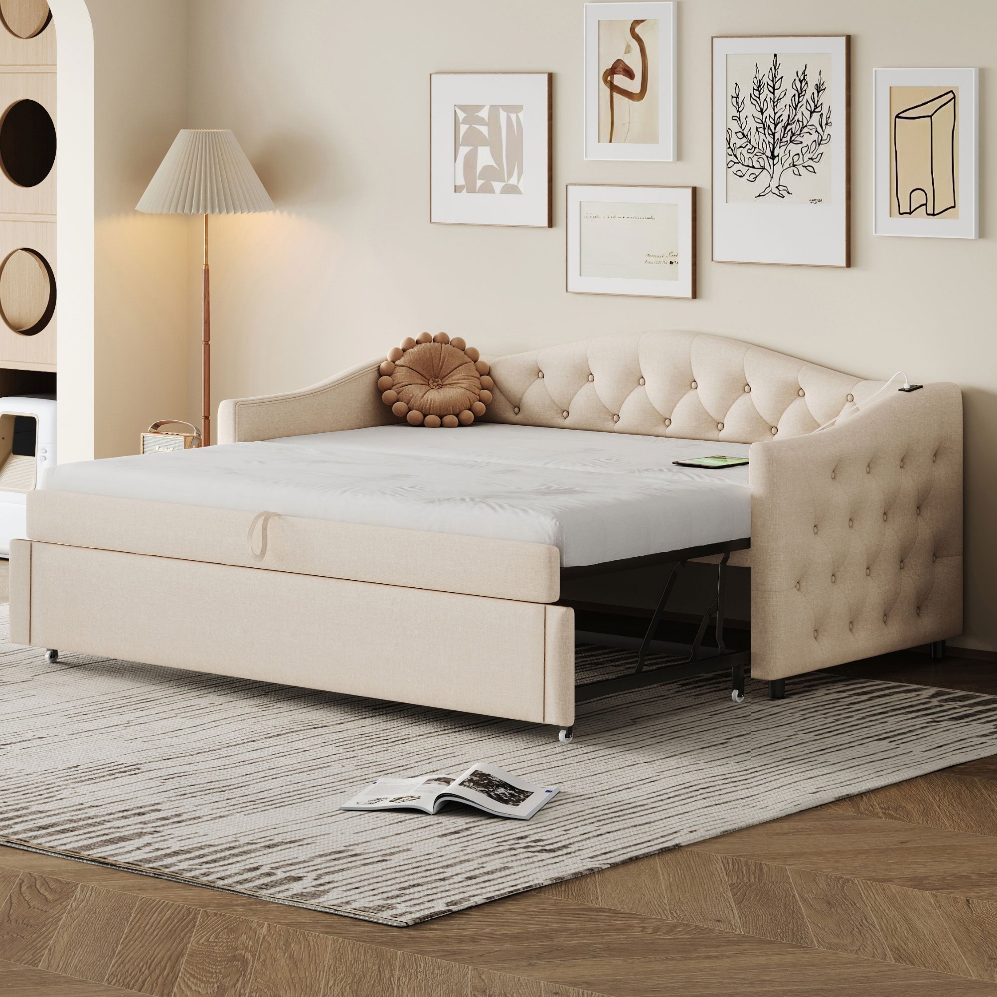 Upholstered Pull-out Sofa Bed with USB Port, Slatted Frame, Multifunctional - Linen Fabric, Beige
