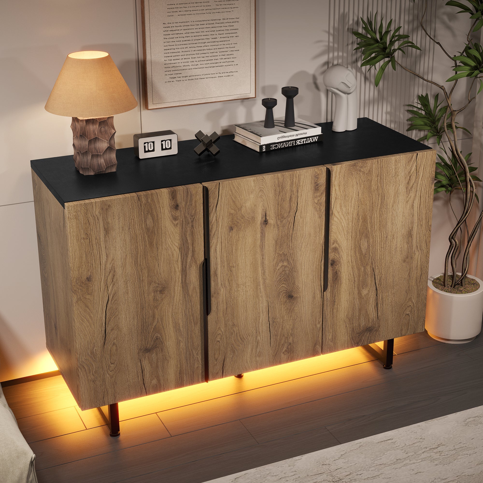 Sideboard, Retro with Integrated LED Lighting, Freestanding, Adjustable Shelves, Stylish Design