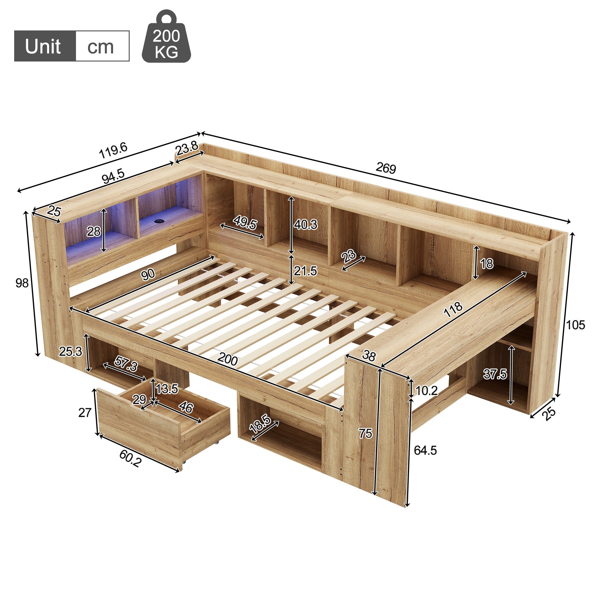 L-Shaped Wooden Platform Bed with LED, USB, Desk, Shelves and Drawers, 90x200cm, Natural Color