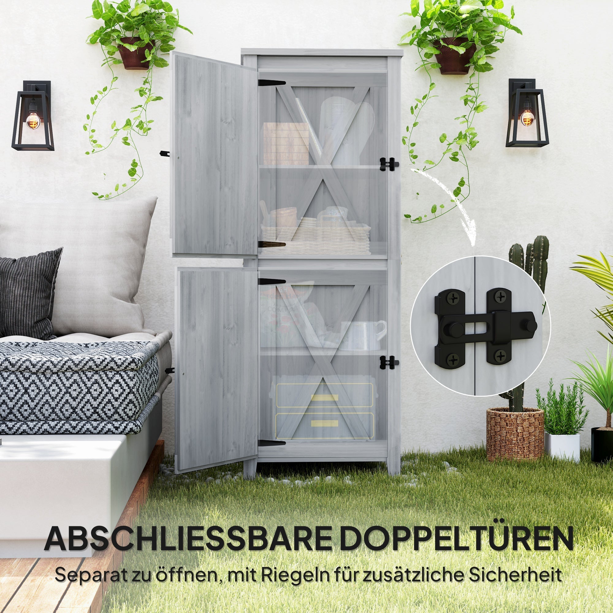 Wooden Garden Shed, Weatherproof Double Door 60x60x160cm Lockable Storage, Light Grey