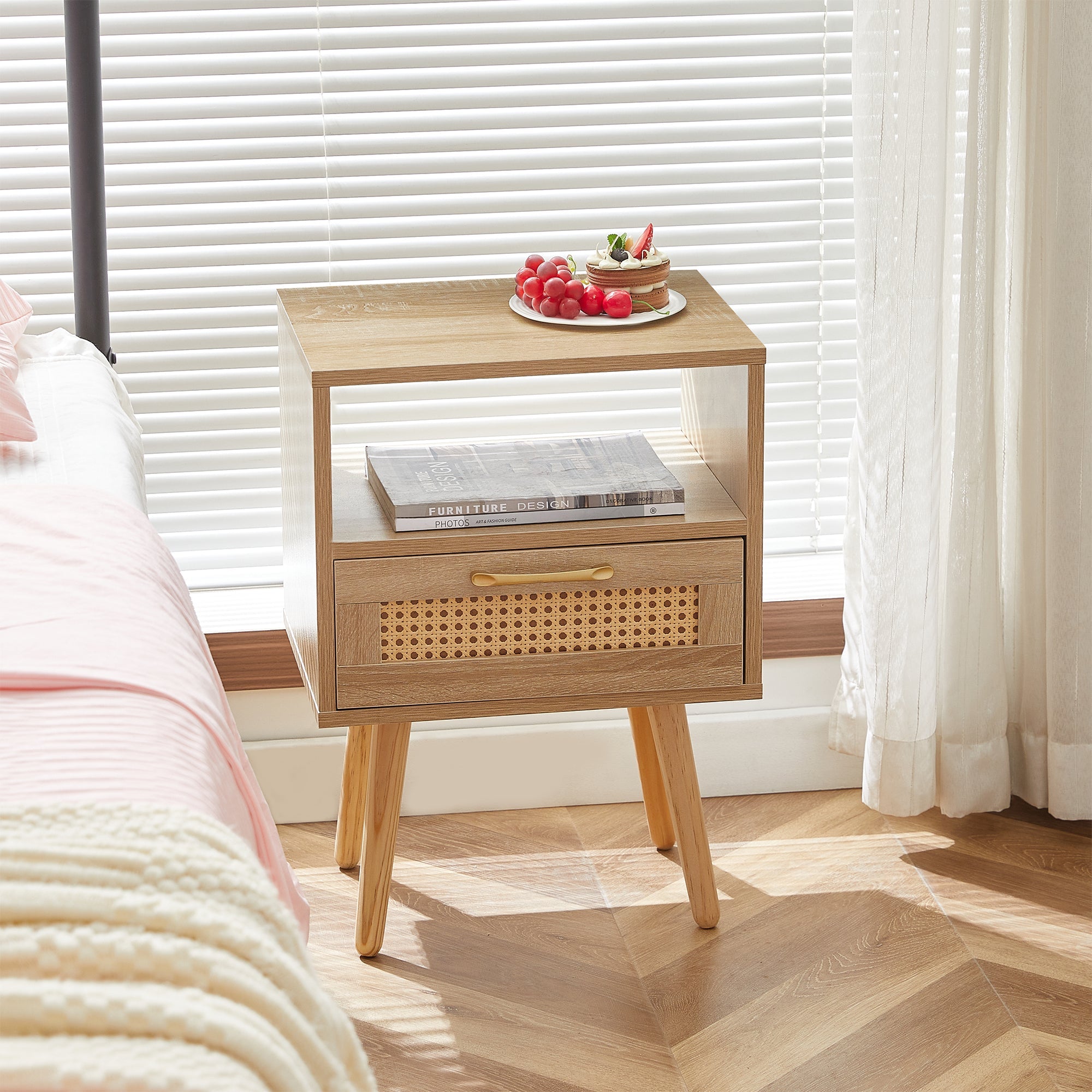 Rattan Side Table Drawer Solid Wood Legs Modern Bedside Natural Wood Look