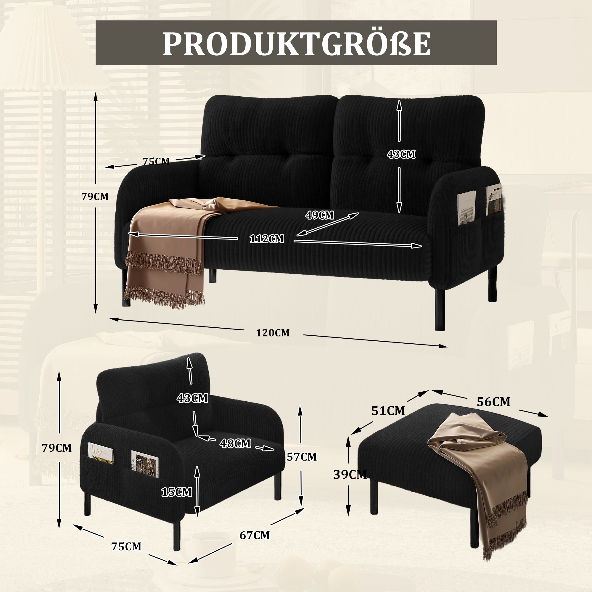Cord 3-Piece Modular Sofa Set, Deep Seat Comfort Side Pocket, Black