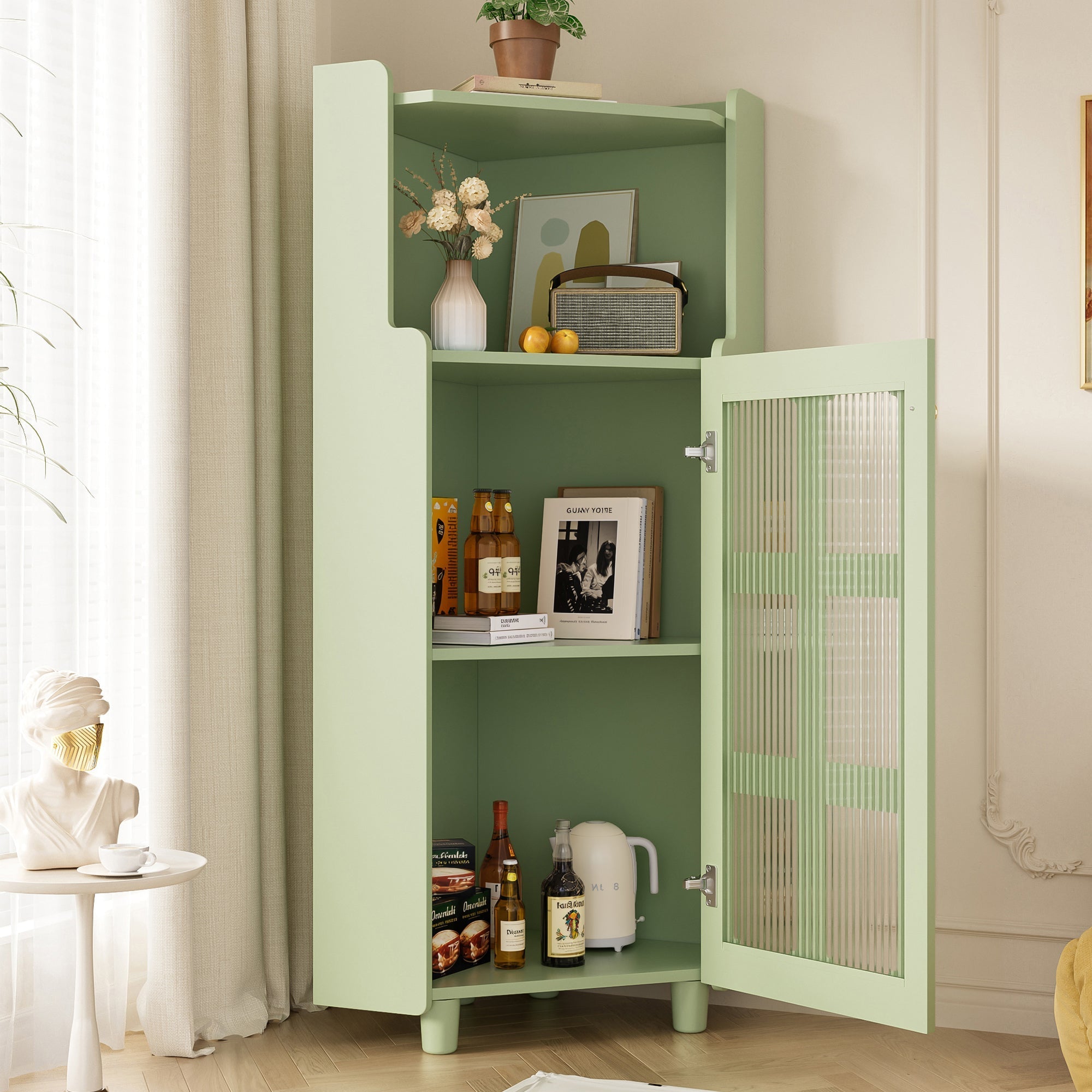 Corner Cabinet LED App Control Lacquered Finish 63.5x124cm - Green