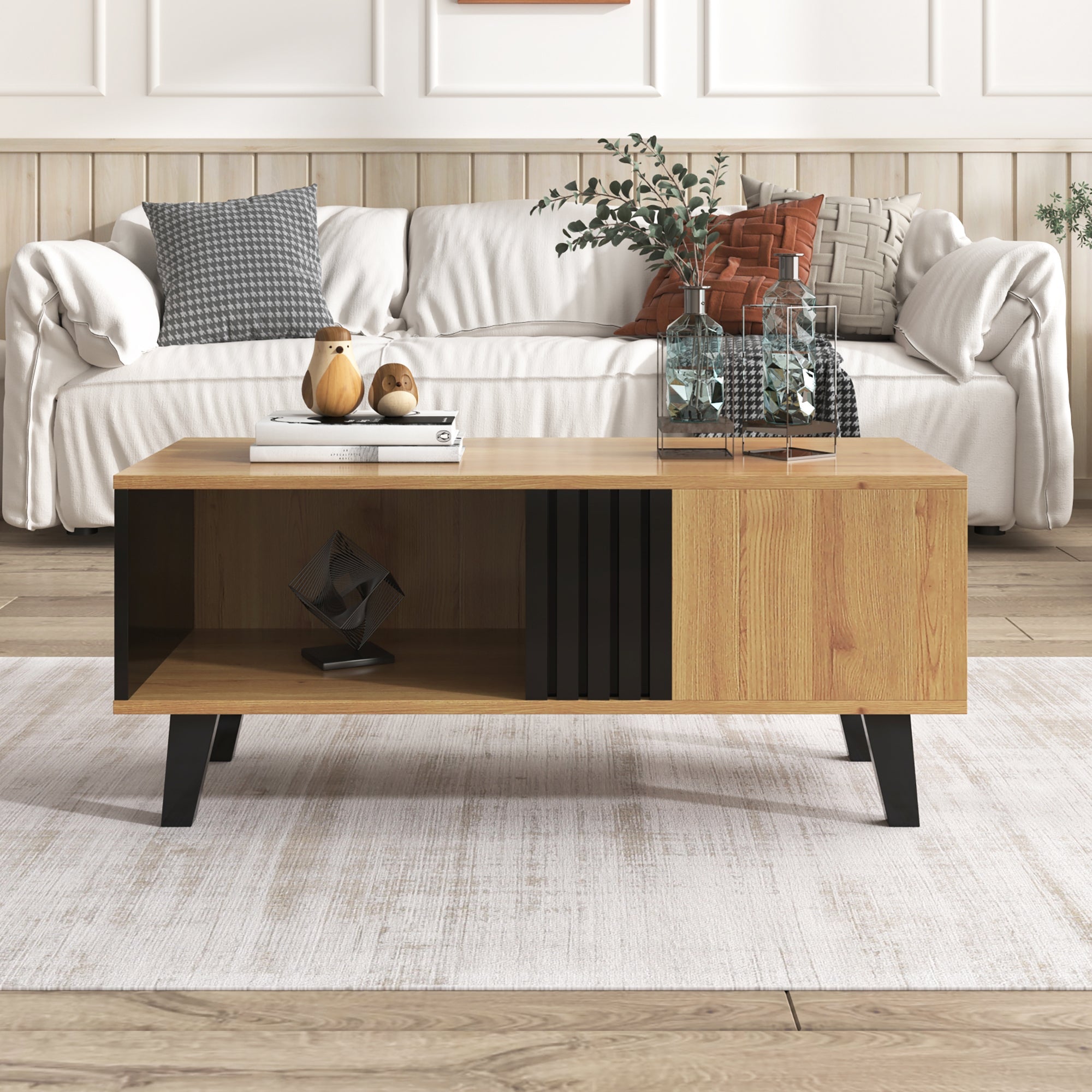 Coffee table with side table and drawer, versatile storage, wood and black design