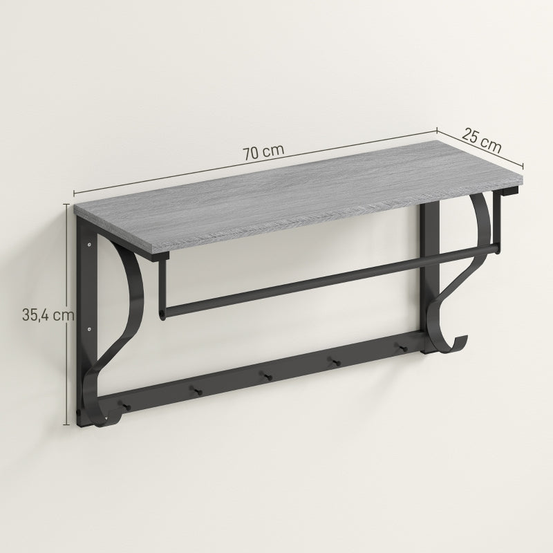 Wall-Mounted Clothes Rack, 5 Hooks with Top Compartment, Grey