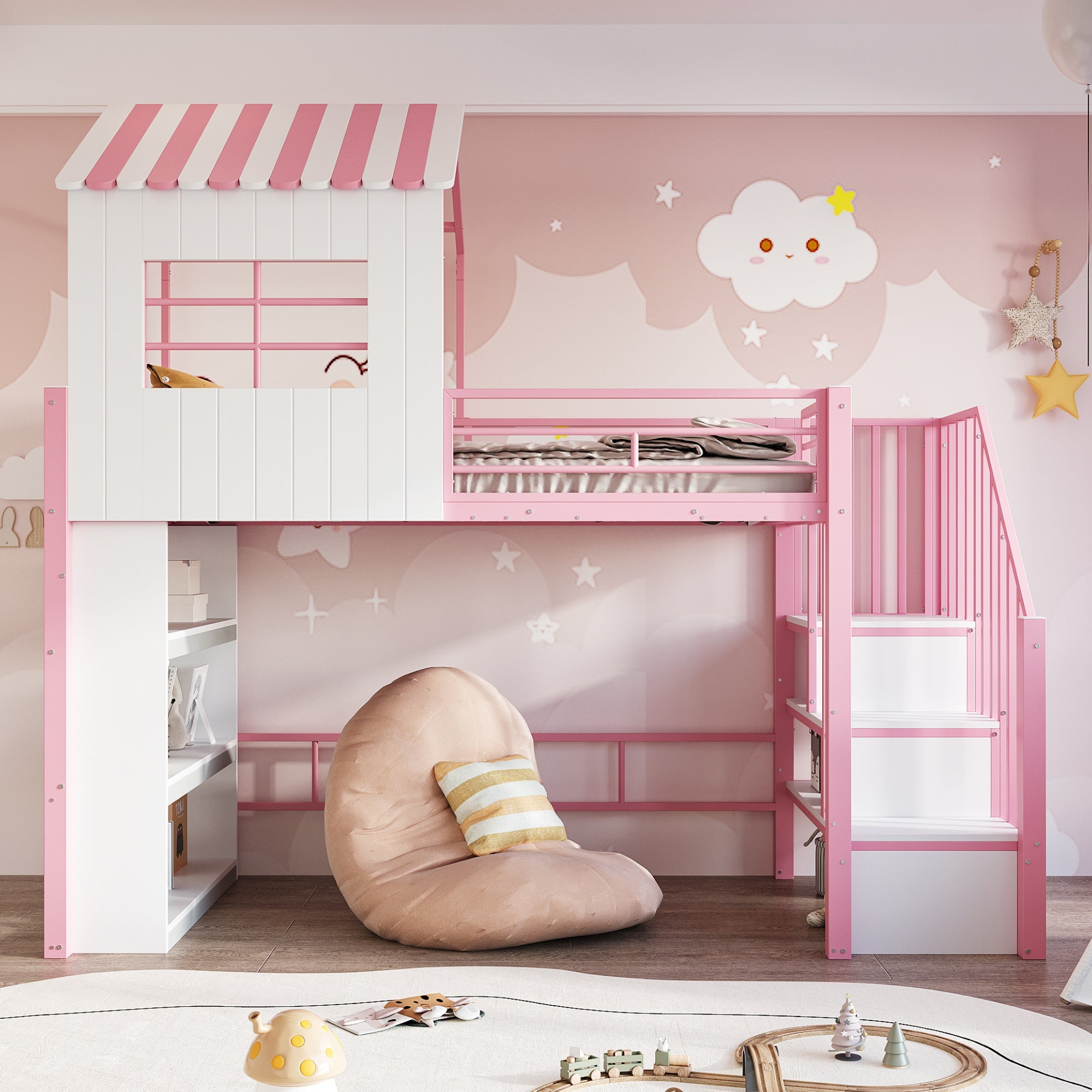 Iron Loft Bed with House Design, Storage Shelf and Safety Rail, 90x200cm, Pink Iron