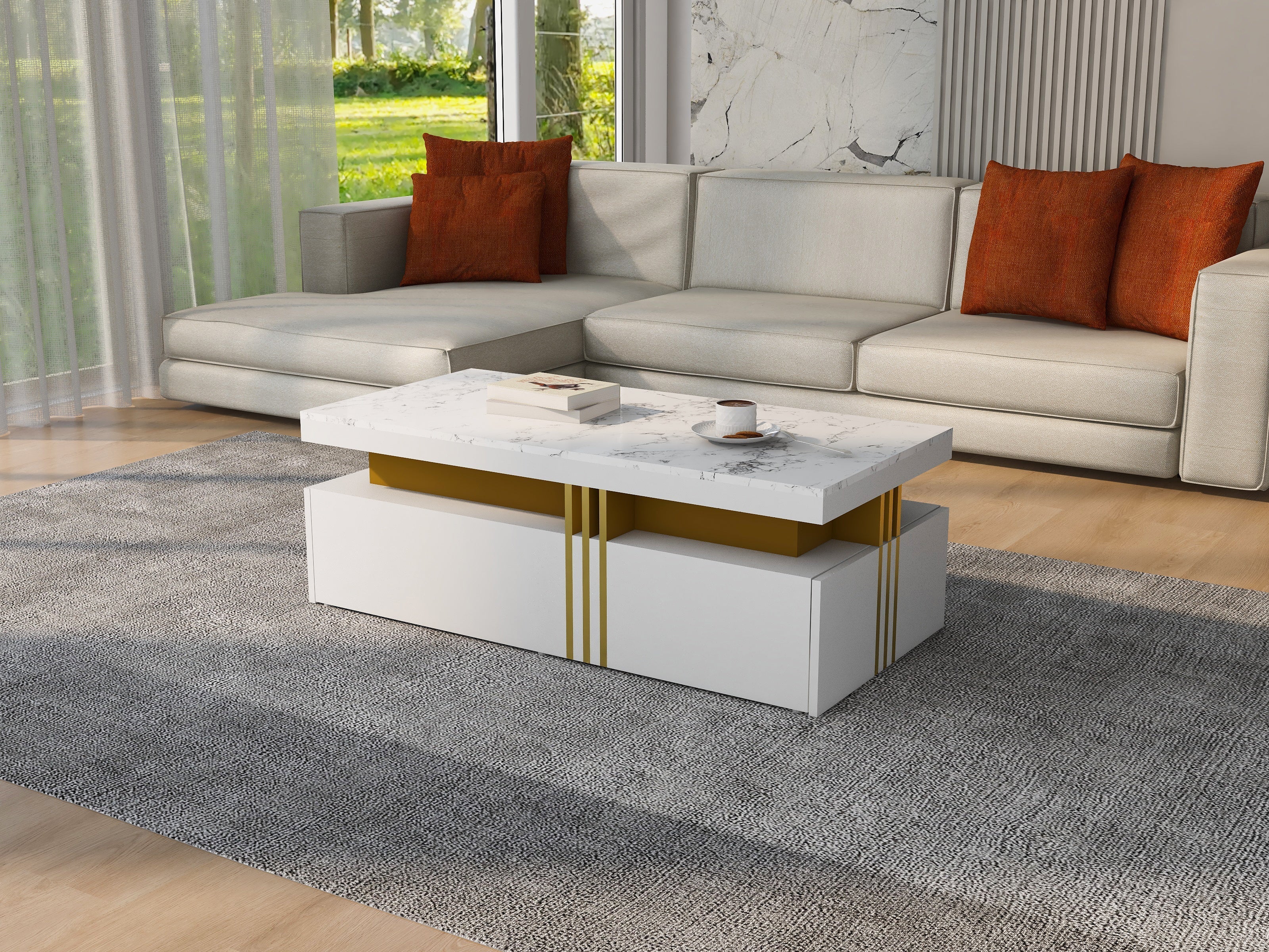 Modern White Rectangular Coffee Table with Marble Pattern Top and 2 Wooden Drawers