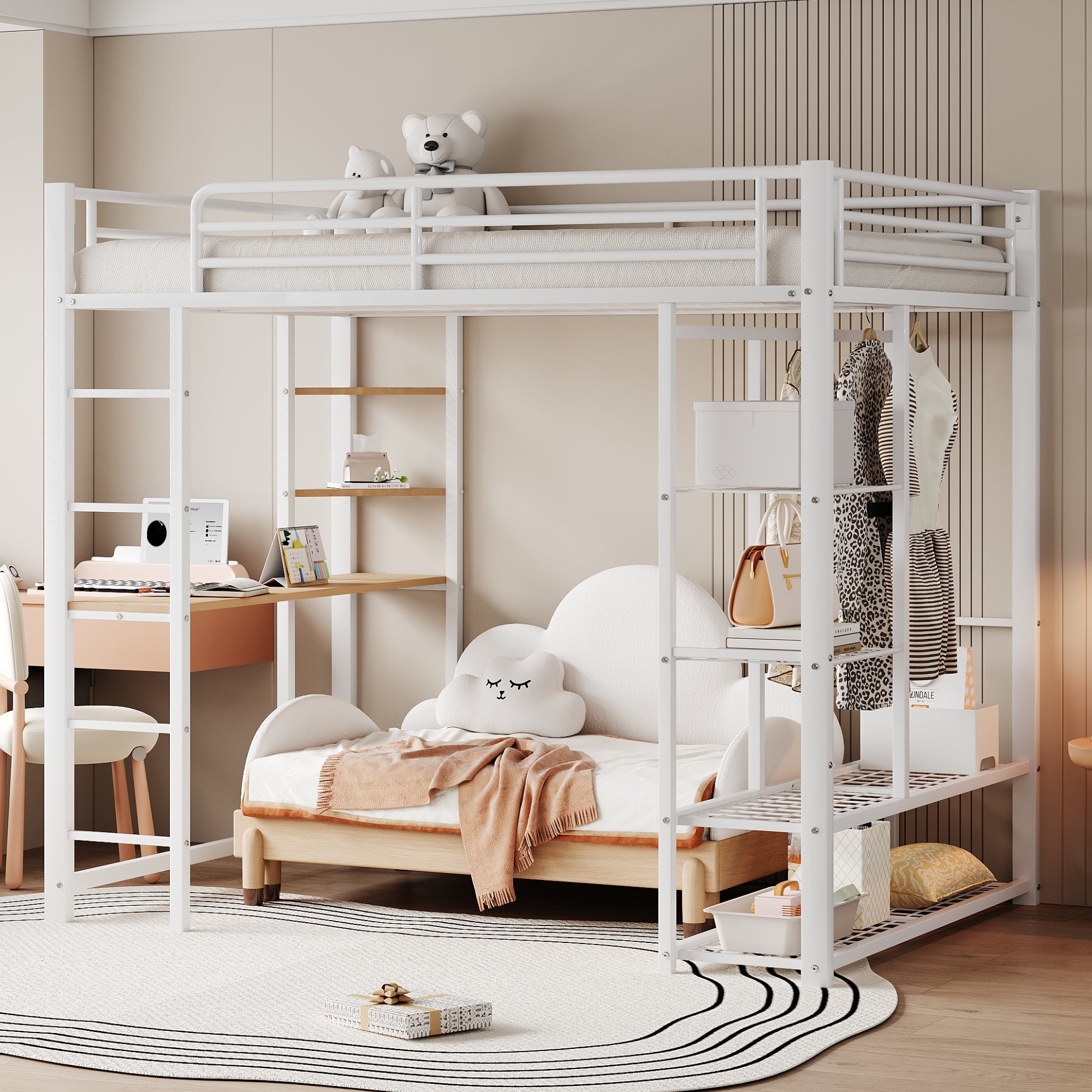 Metal Loft Bed, 140x200cm Junior Double with Desk & Storage, White