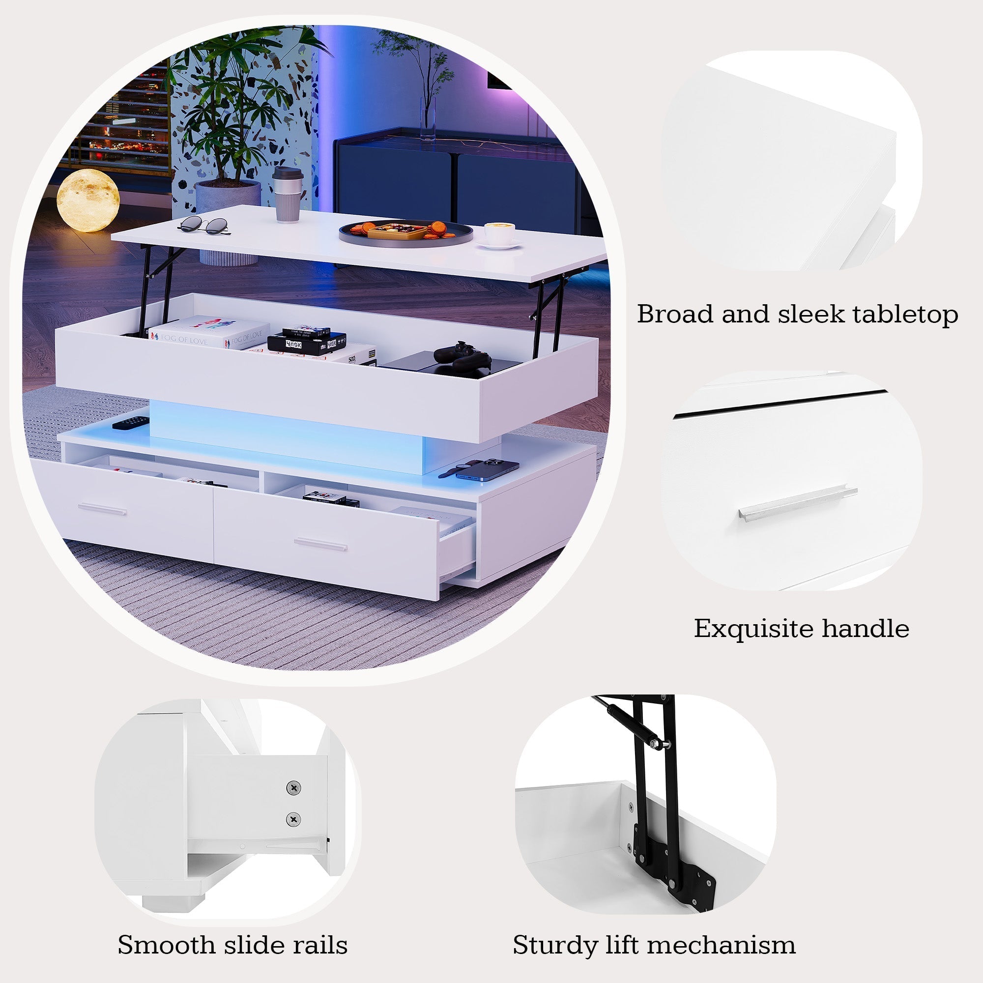 Hydraulic Lift Top Coffee Table with LED Lights, Storage, 2 Drawers, White