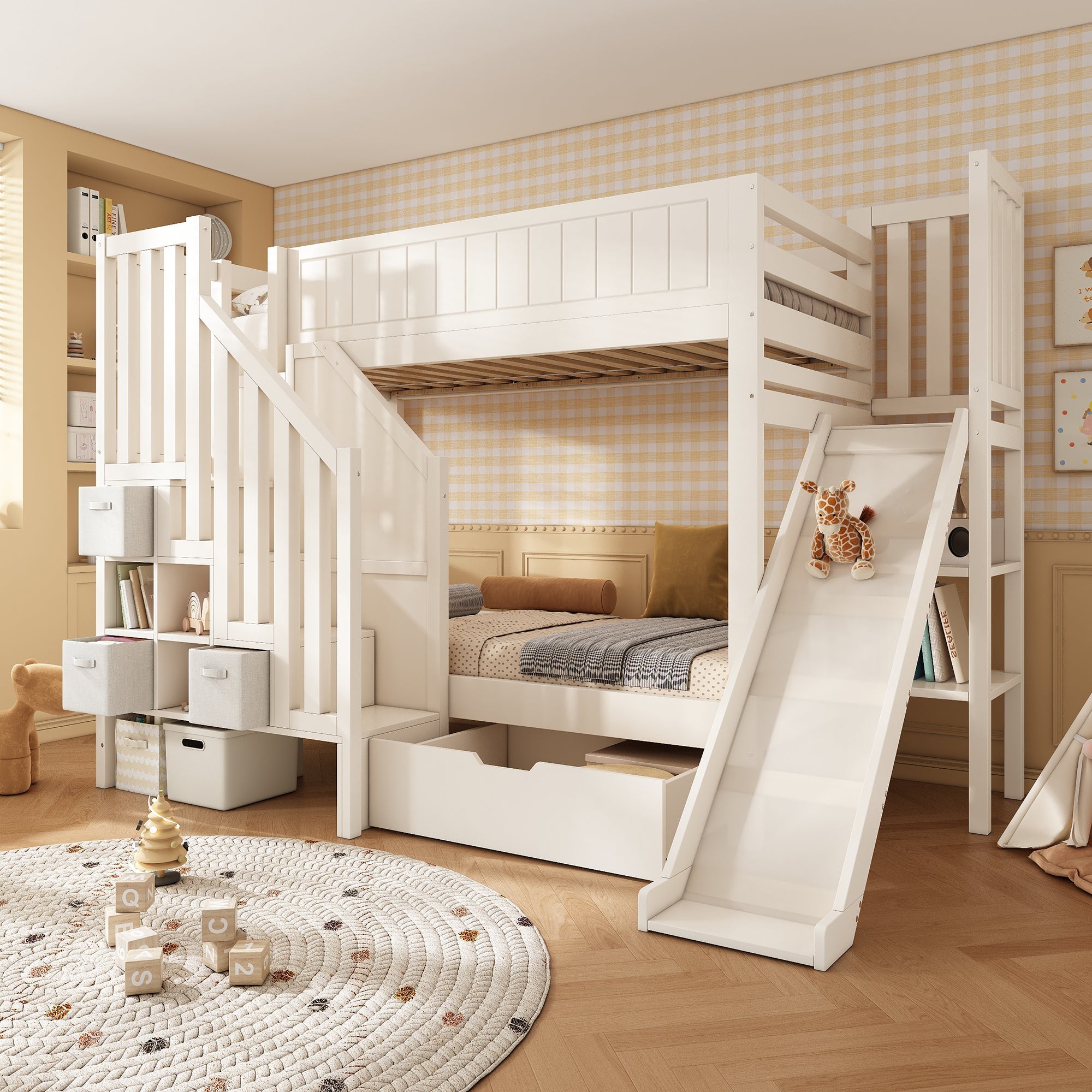 Children's Bunk Bed with Slide, Ladder Wardrobe, Drawers and Shelf, 90x200cm, White