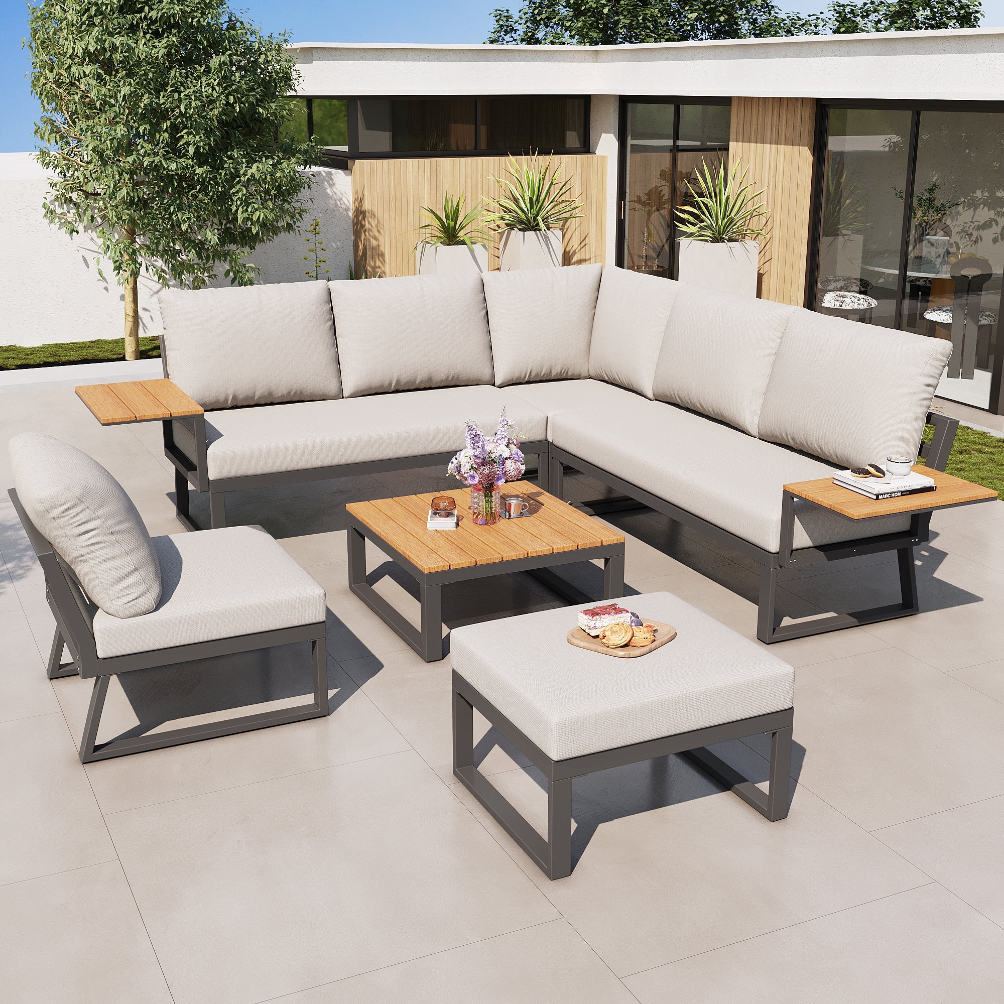 L-shaped Garden Sofa Set 7-Seater Lounger with Table Armchair Stool - Grey/Beige