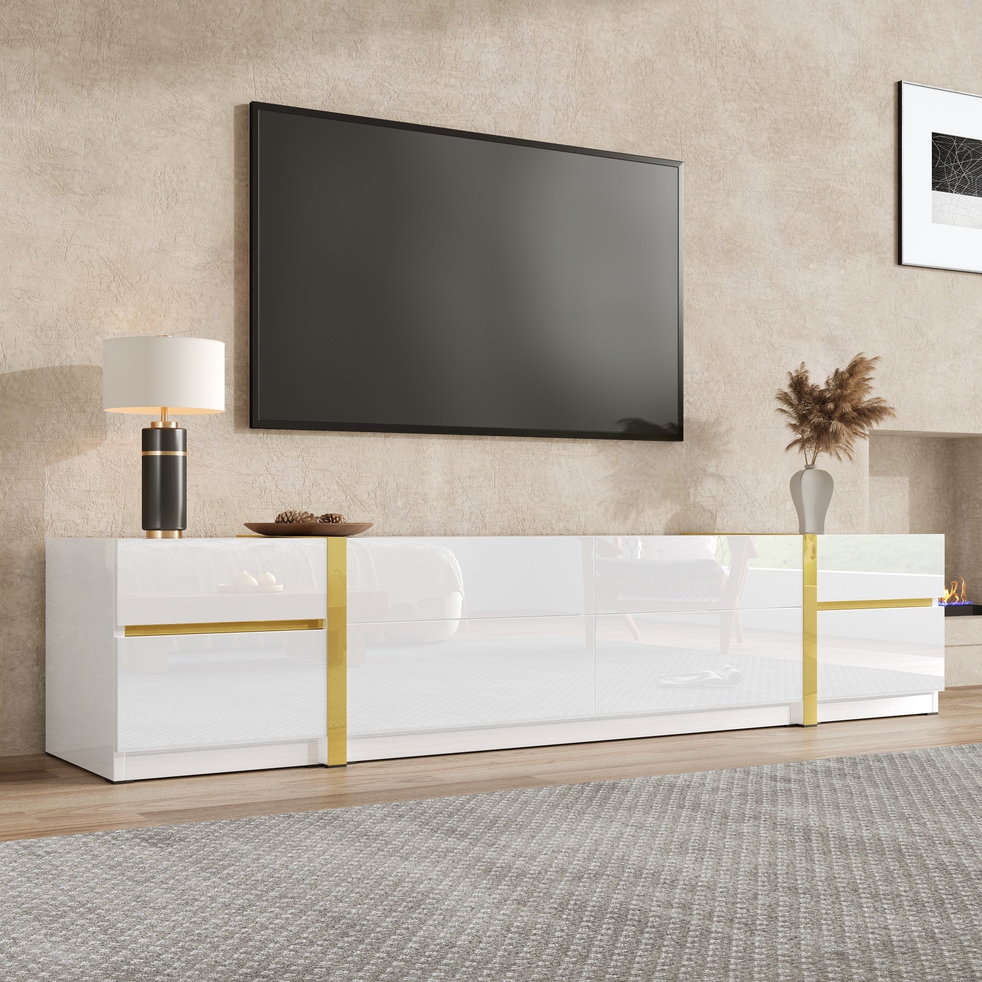 Luxurious TV Stand with Drawers and Doors, Modern Style, White High-Gloss and Gold