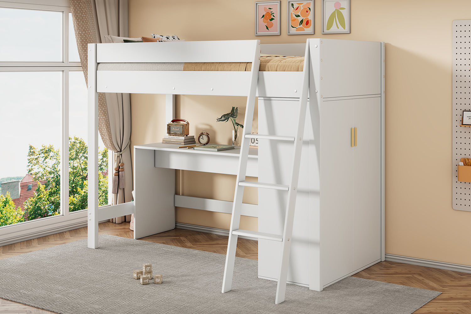 Children's Loft Bed 90x200cm Multifunctional Desk Wardrobe Solid Wood - White
