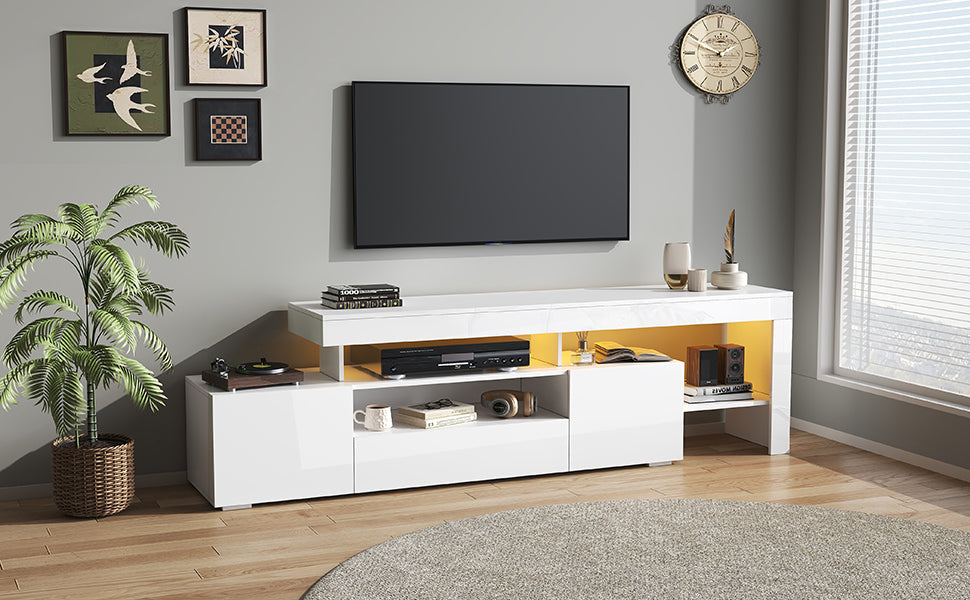 TV Cabinet, 192x37x53cm with 3 Cabinets, LED High-Gloss, White