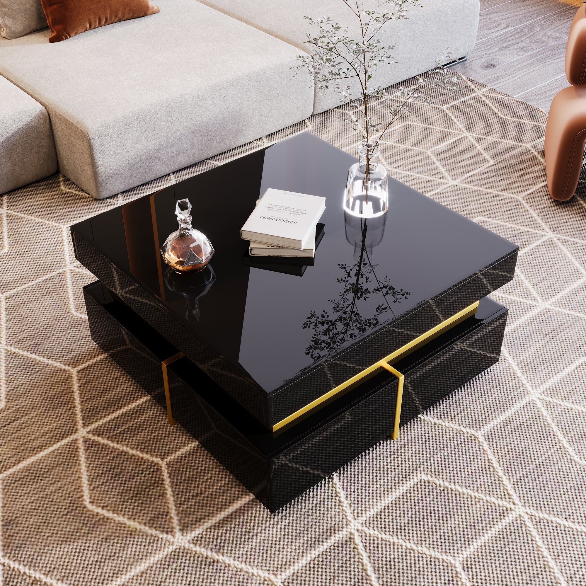 Coffee Table, High-Gloss, with Drawers, Gold Accents